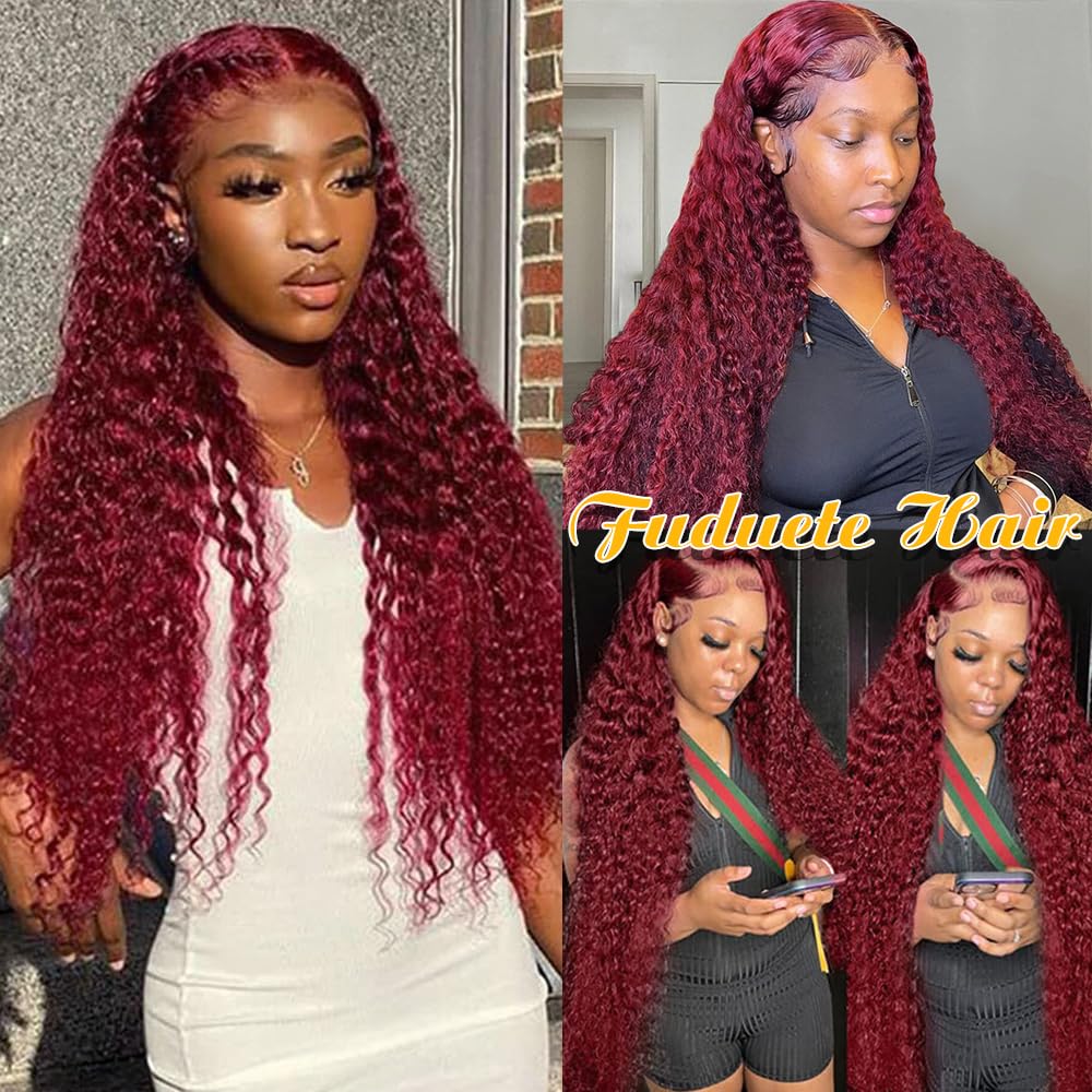 Fuduete 99J – Pelucas de cabello humano ondulado profundo de 13 x 6 pulgadas, con encaje frontal transparente HD, sin pegamento, para mujeres