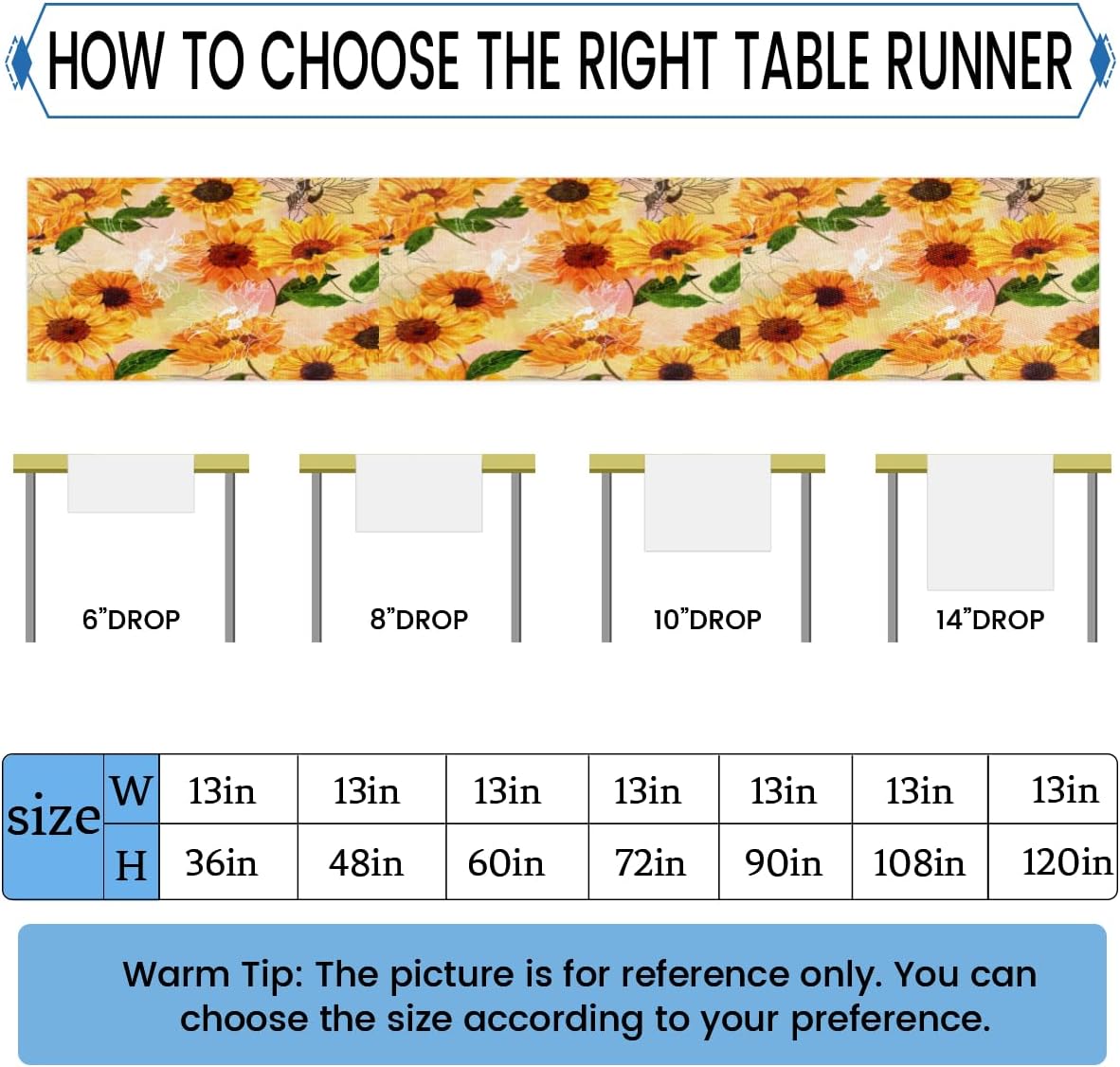 Table Runner Rustic Sunflowers, Rustic Linen Table Cloth for Farmhouse Kitchen, Dinner, Events, Party, Holiday Table Decor 13 x 120 Inches