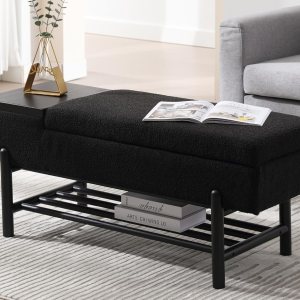 CIMOTA Banco de almacenamiento de entrada para dormitorio, banco otomano tapizado de sherpa con almacenamiento de zapatos de madera, mesa de centro CIMOTA Banco de almacenamiento de entrada para dormitorio, banco otomano tapizado de sherpa con almacenamiento de zapatos de madera, mesa de centro