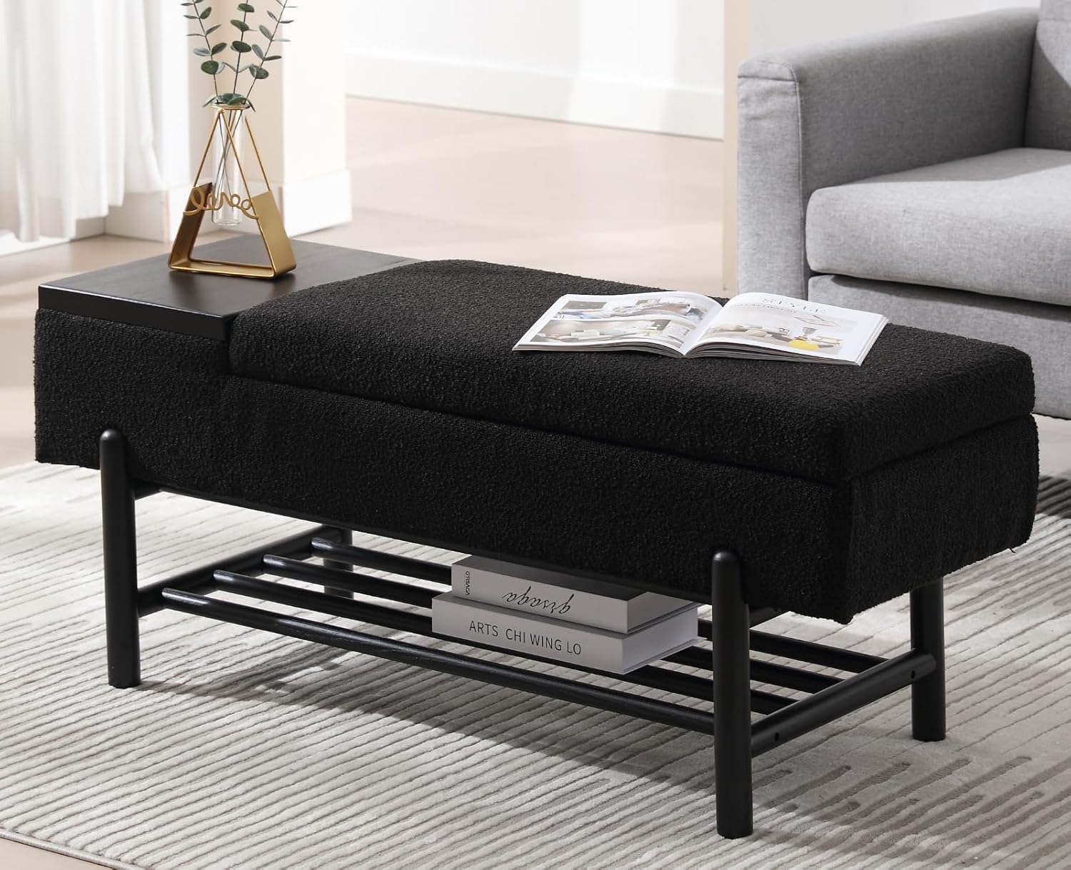 CIMOTA Banco de almacenamiento de entrada para dormitorio, banco otomano tapizado de sherpa con almacenamiento de zapatos de madera, mesa de centro