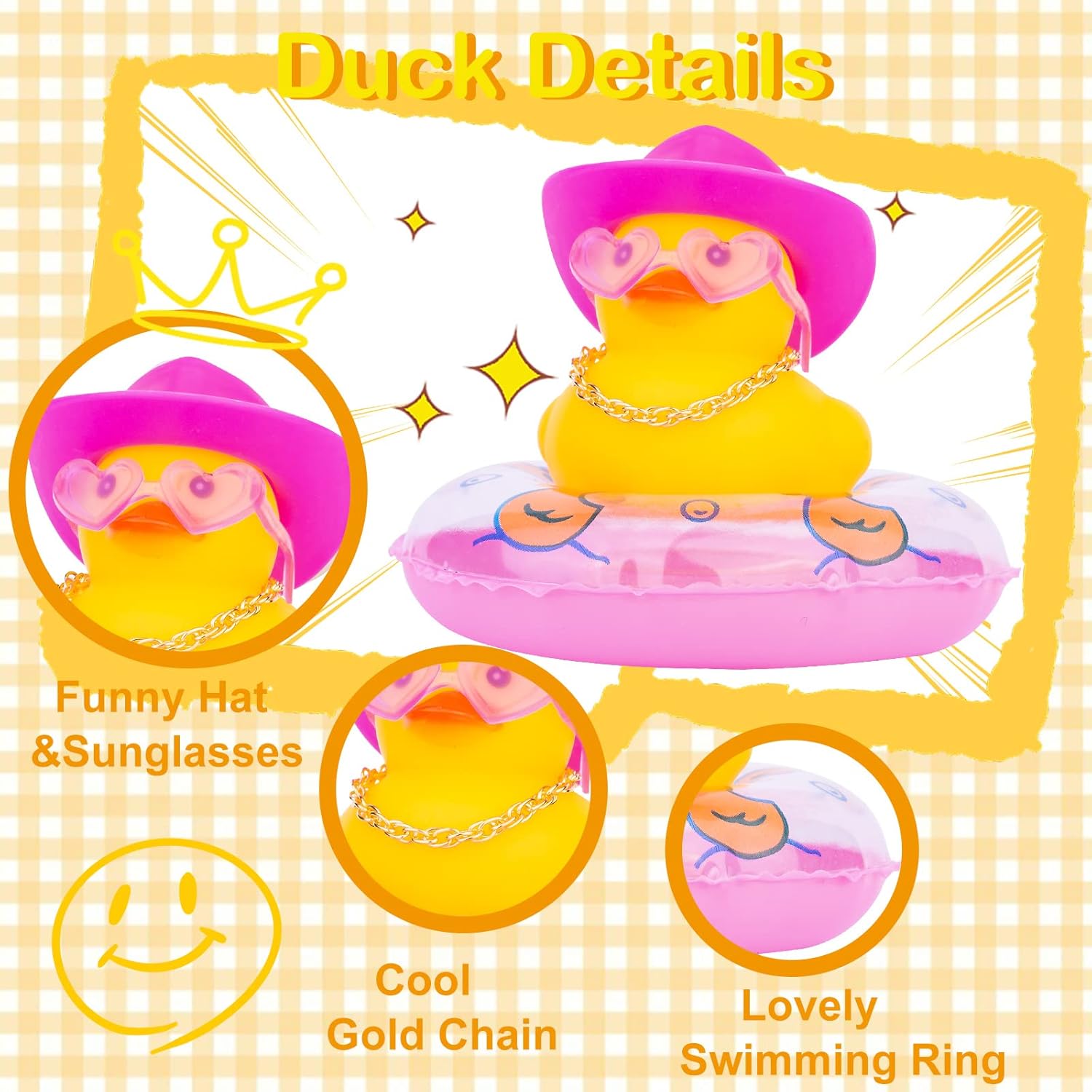 Adornos de pato amarillo para automóvil, decoración de tablero de automóvil con gafas de amor, mini anillo de natación, sombrero de sol, collar para