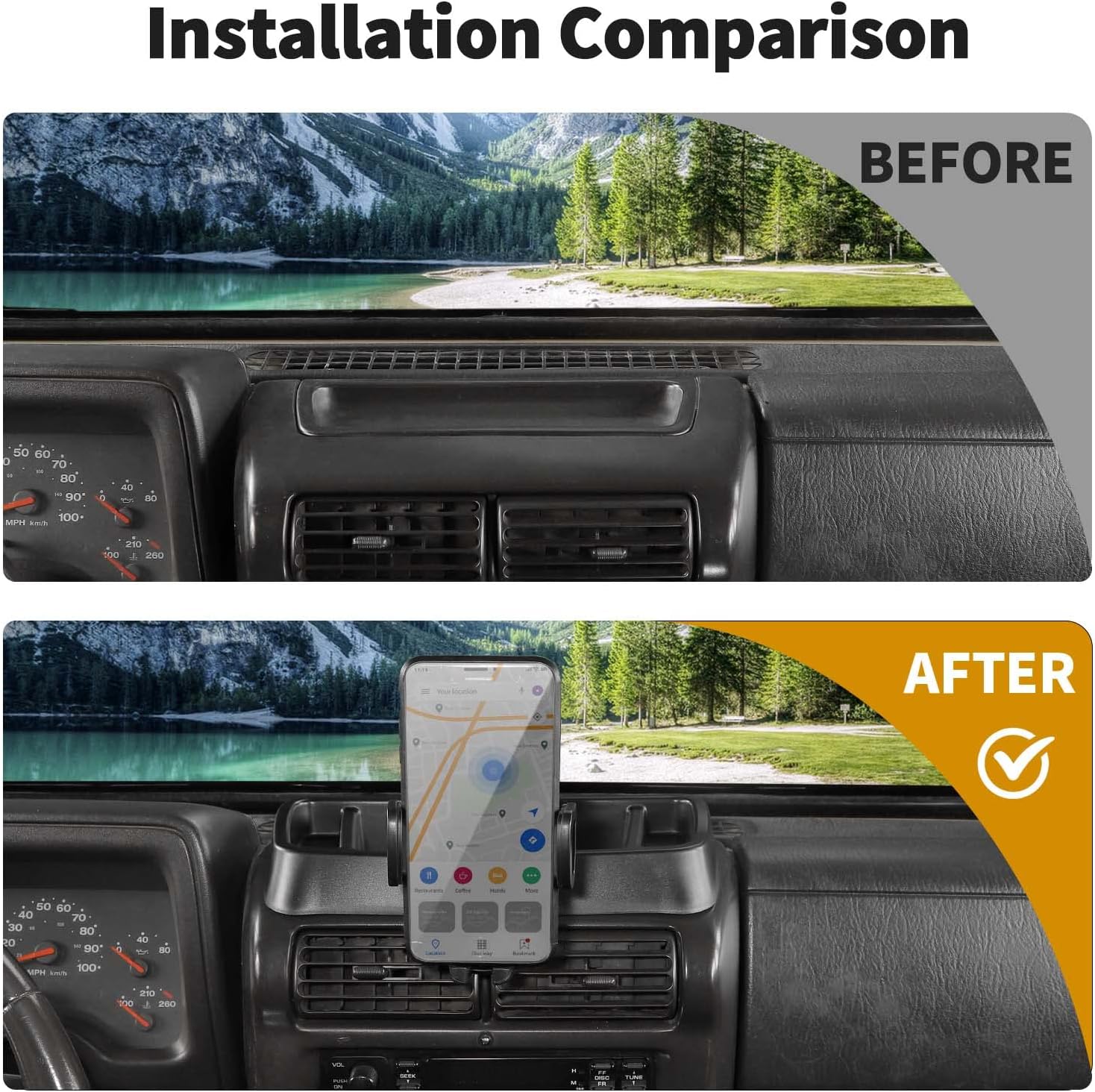JWWY Soporte de teléfono para Jeep TJ con bandeja de almacenamiento compatible con accesorios Jeep Wrangler TJ 1997-2006, color negro