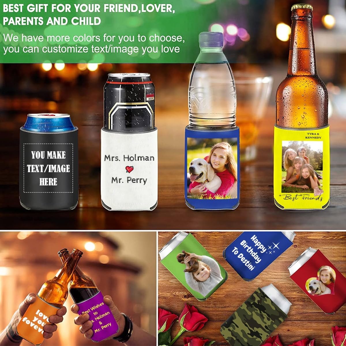 Enfriador de bebidas para latas de cerveza con logotipo y texto personalizados, funda para botella de cerveza aislada para fiestas, 100 unidades,