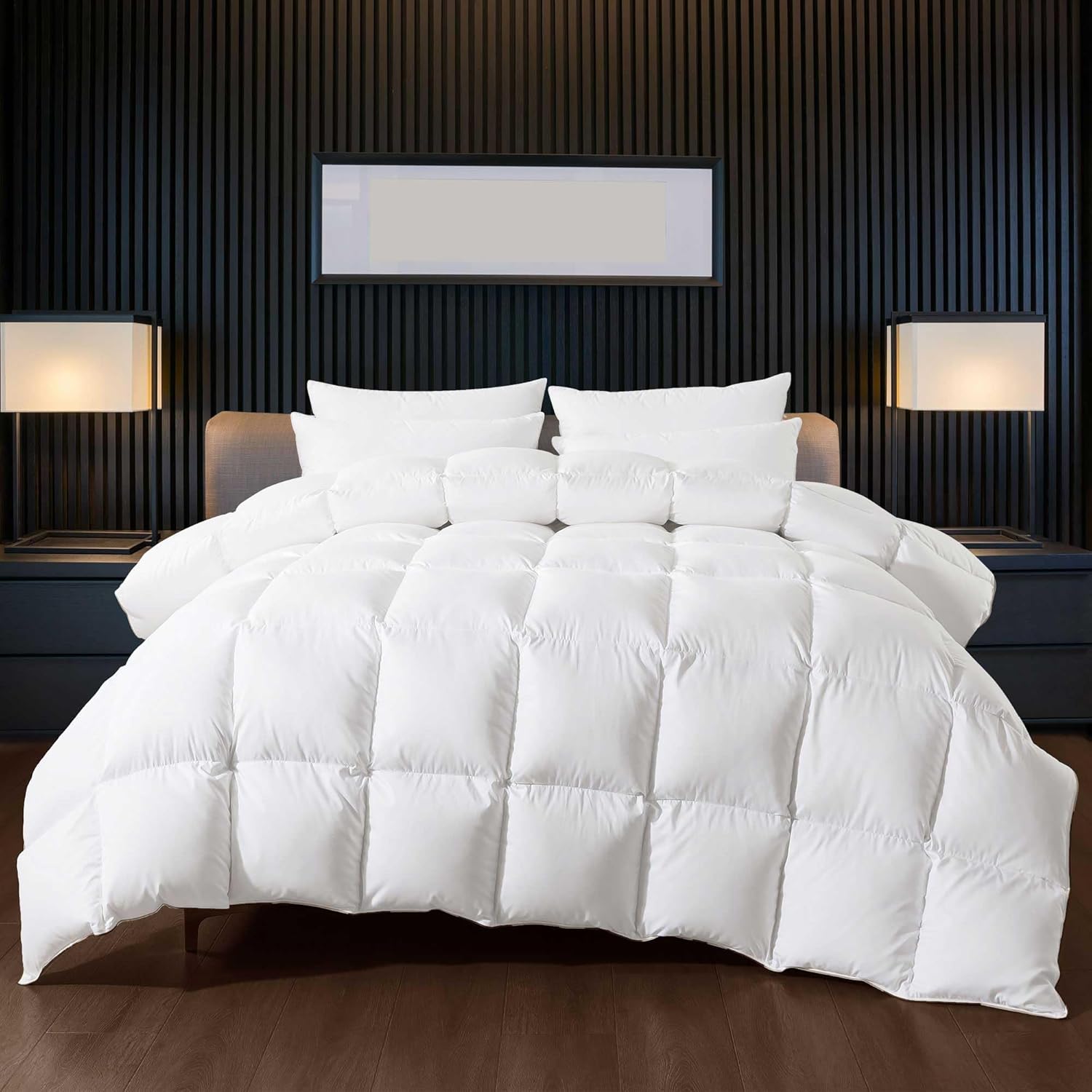 WhatsBedding Edredón de plumas de ganso blanco inflado, tamaño King, relleno de edredón de plumas para todas las estaciones, colección de hotel de