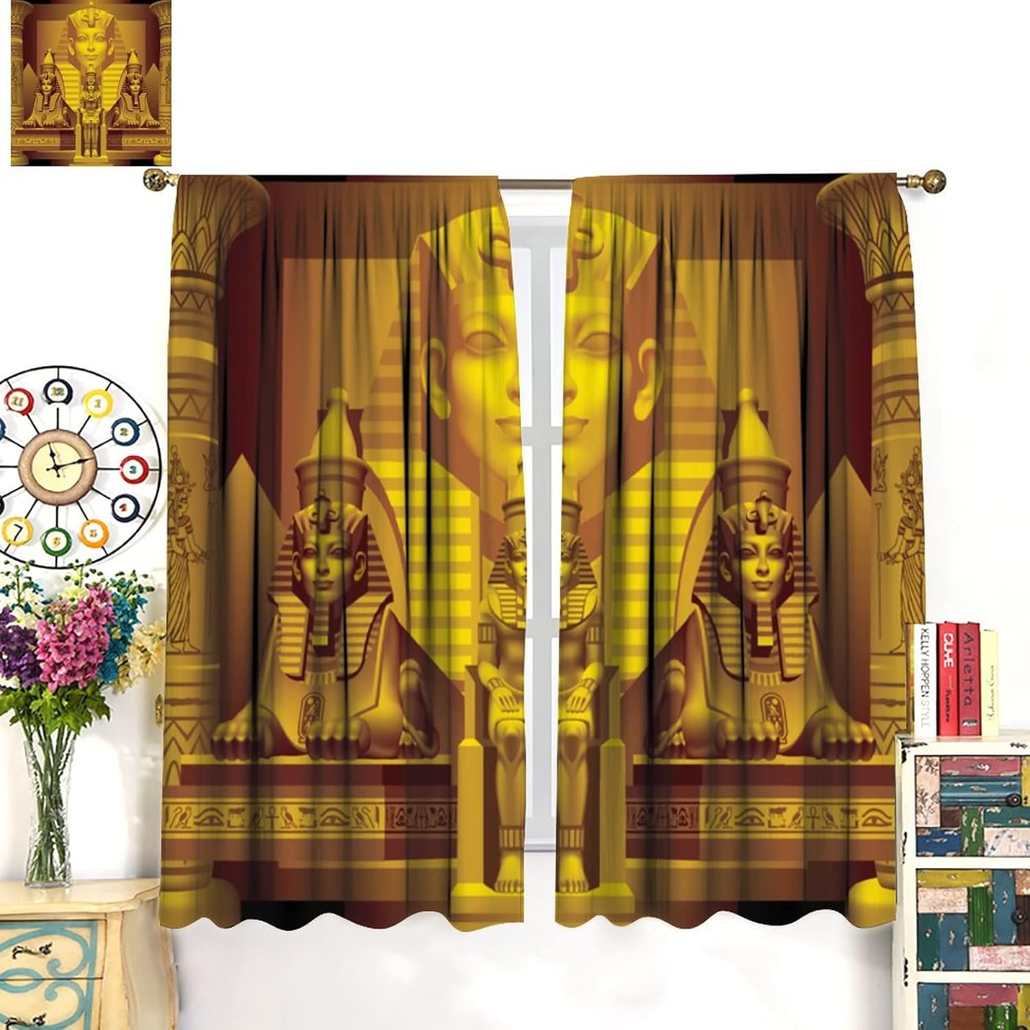 Cortinas egipcias, faraón egipcio antiguo, esfinge, pirámide sagrada, cortinas con estampado dorado para dormitorio, sala de estar, bolsillo para