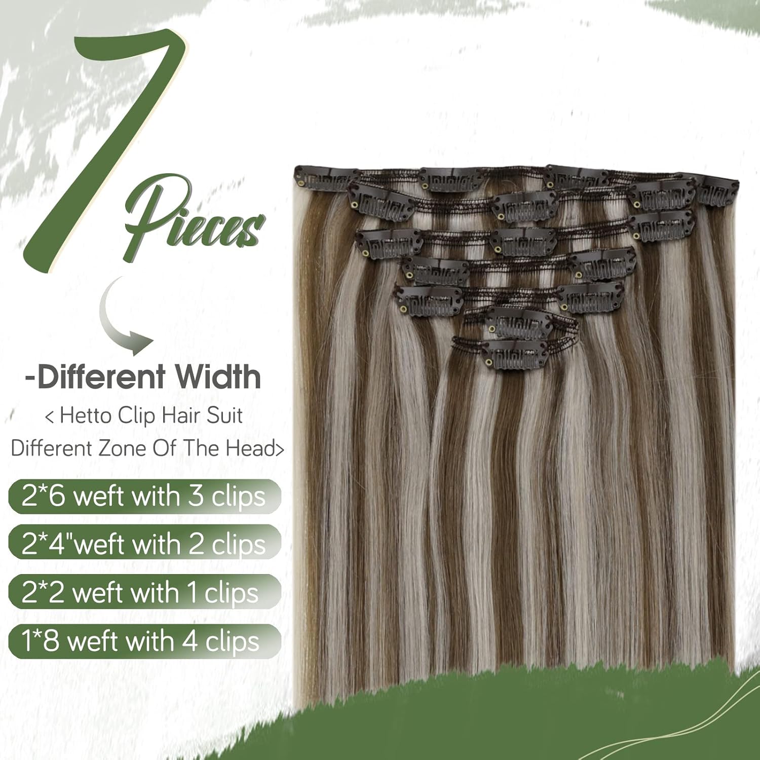 Hetto Extensiones de cabello humano con clip, de 18 pulgadas, sin costuras, color marrón claro, rubio decolorado, extensiones de cabello humano