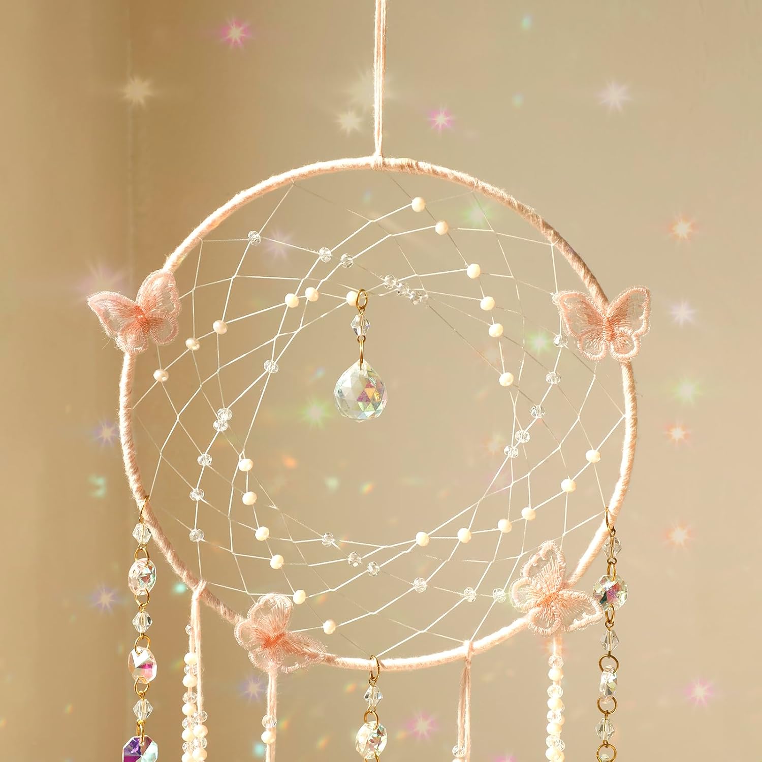 Artilady Atrapasueños de mariposa con cristales  Atrapasueños de luna rosa, grande, bohemio, decoración de pared, decoración del hogar, niñas,