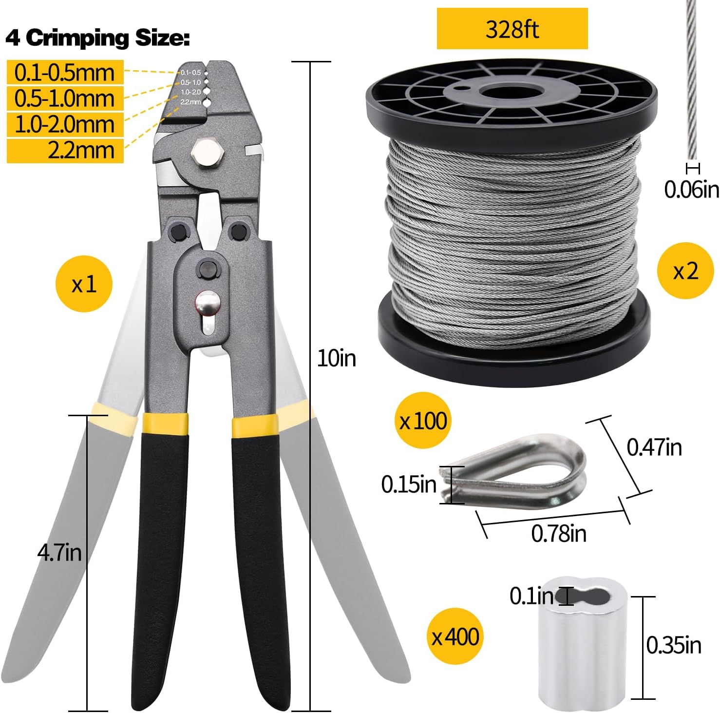 Kit de herramientas de prensado de cuerda de alambre de 656 pies, cable de cuerda de alambre de acero inoxidable con mangas de prensado de aluminio