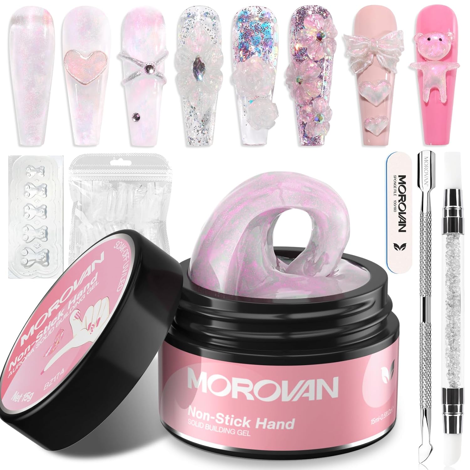 Morovan Gel constructor sólido para uñas 30ML Aurora Pink Pegamento de gel sólido para uñas no pegajoso Gel sólido para uñas Gel duro transparente