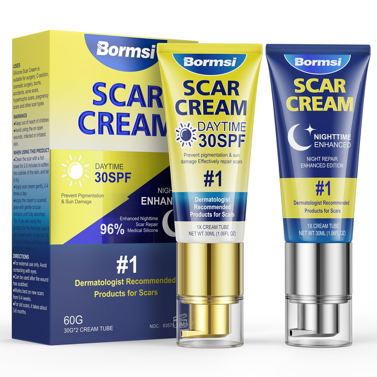 BORMSI Crema para cicatrices, protector solar SPF 30 y PM gel intensivo de silicona para cicatrices durante la noche, reduce la apariencia de