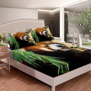 Feelyou Juego de sábanas de panda rojo con bonito diseño de animales para niños, niñas, adolescentes, estampado de hojas de panda rojo, juego de Feelyou Juego de sábanas de panda rojo con bonito diseño de animales para niños, niñas, adolescentes, estampado de hojas de panda rojo, juego de