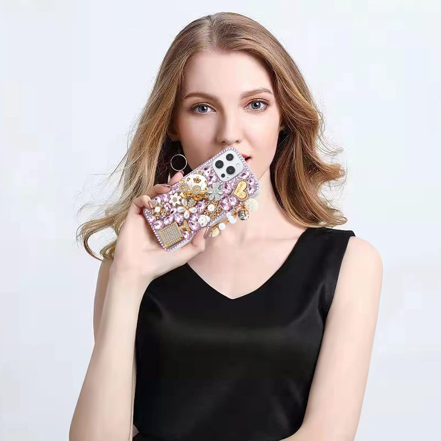 Funda para iPhone 13 Pro con diamantes de imitación, bonita funda con purpurina para mujeres y niñas, diseño de calabaza, cristal brillante, con