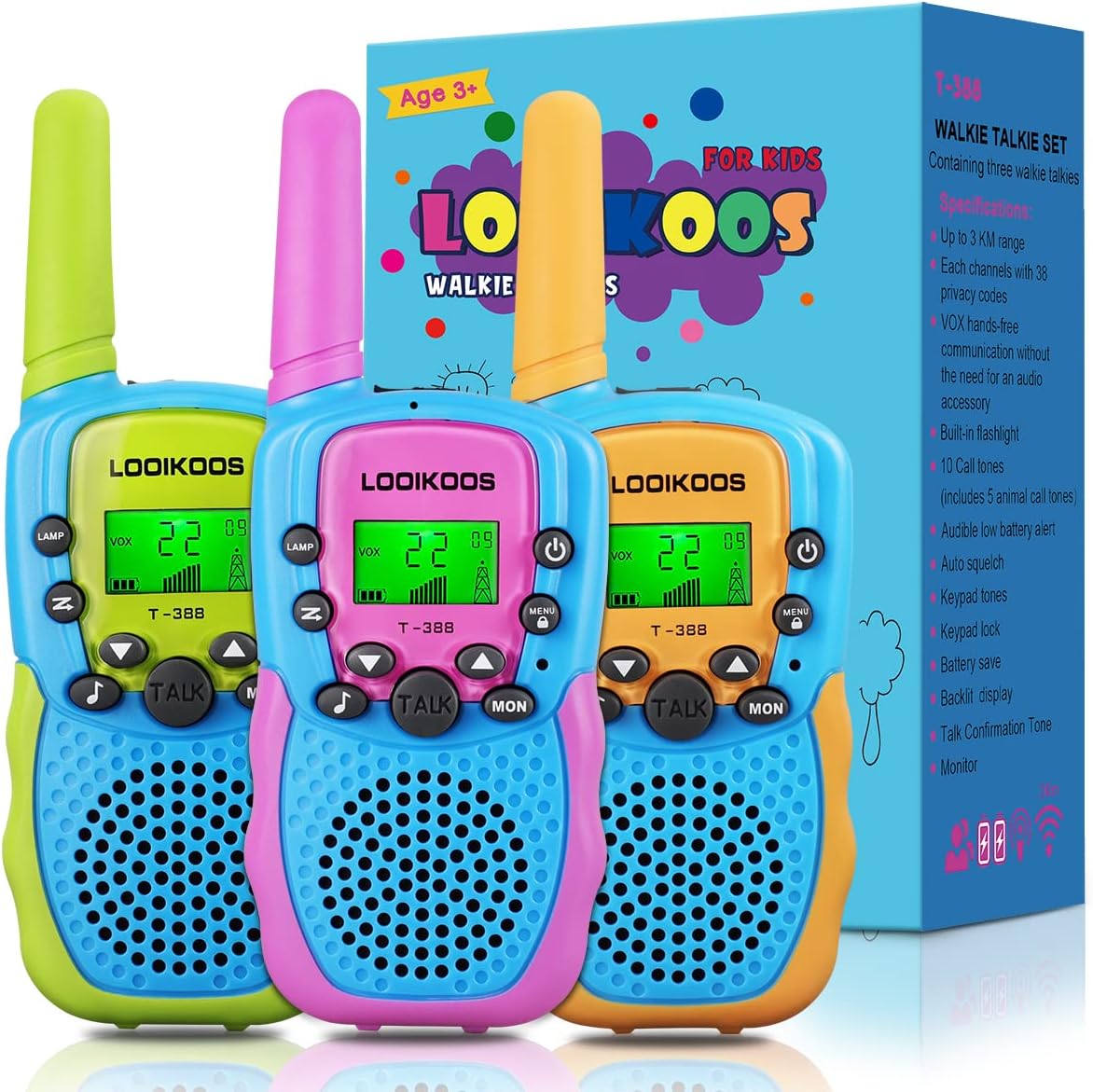 LOOIKOOS Walkie Talkies para niños, radio Walky Talky de largo alcance de 1.9 mi de juguete para niños y niñas, paquete de 3
