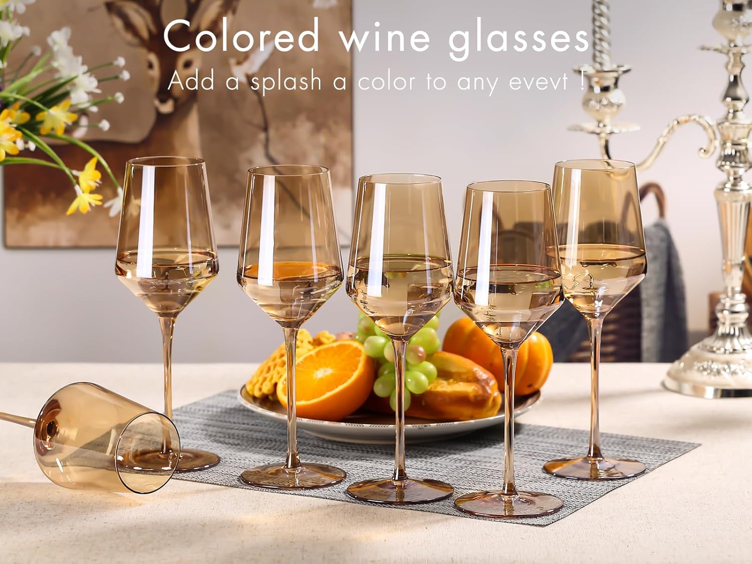 Copas de vino ámbar  Juego de 6 copas de vino de colores de cristal con tallo largo y borde delgado, copas de vino blanco, copas de vino de color