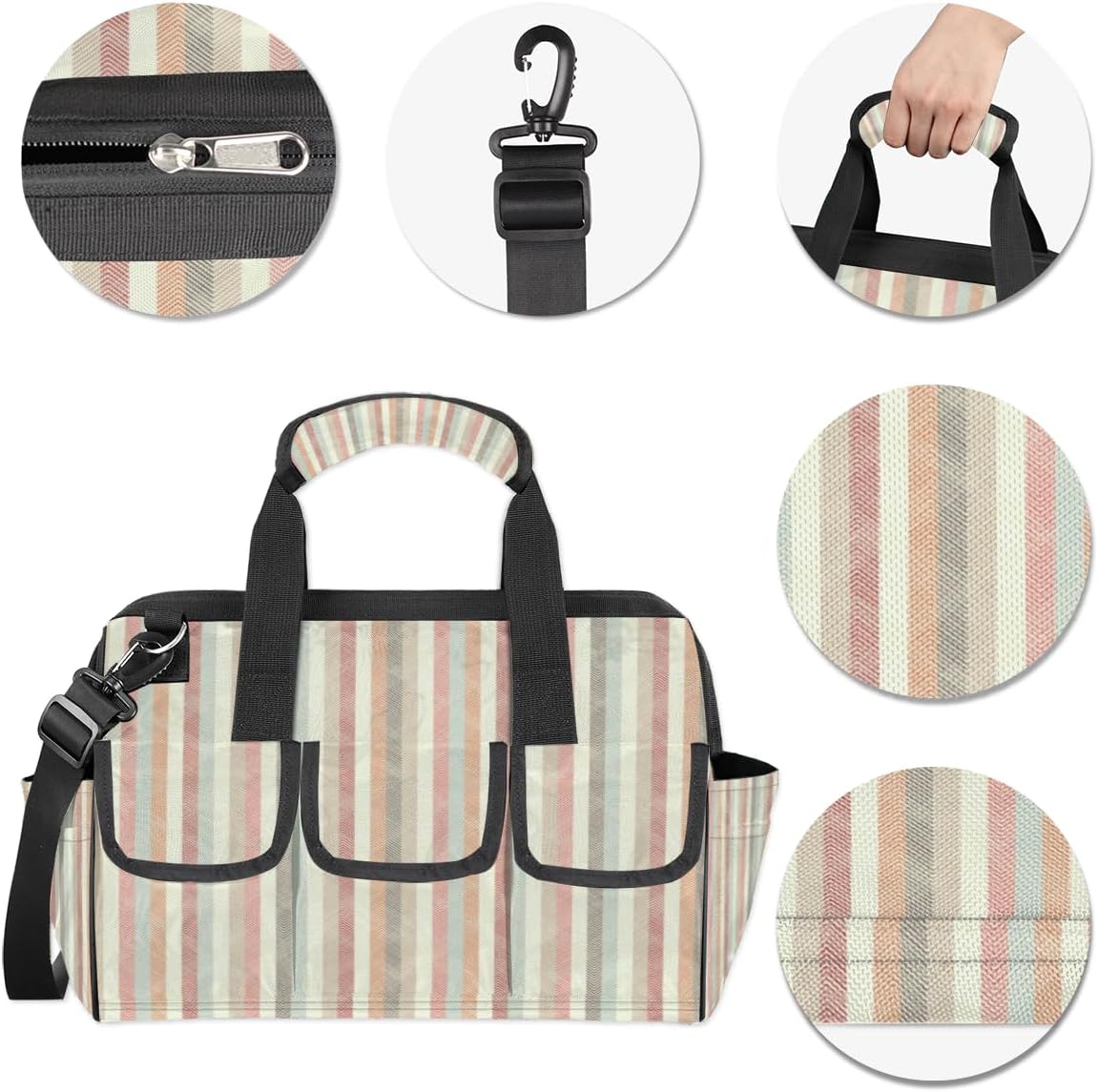 Retro Stripe Pastel Wide Mouth Tool Bags for Men and Women 14 Pockets Tool Tote Bag Pouch Heavy Duty Tool Organizer Bag with Adjustable Strape for