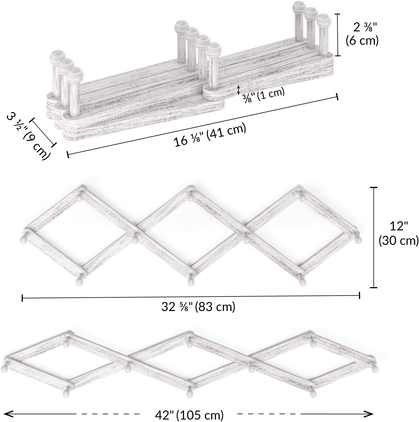Ballucci Perchero expandible para montaje en pared, estilo acordeón ajustable, 10 clavijas, color blanco cepillado