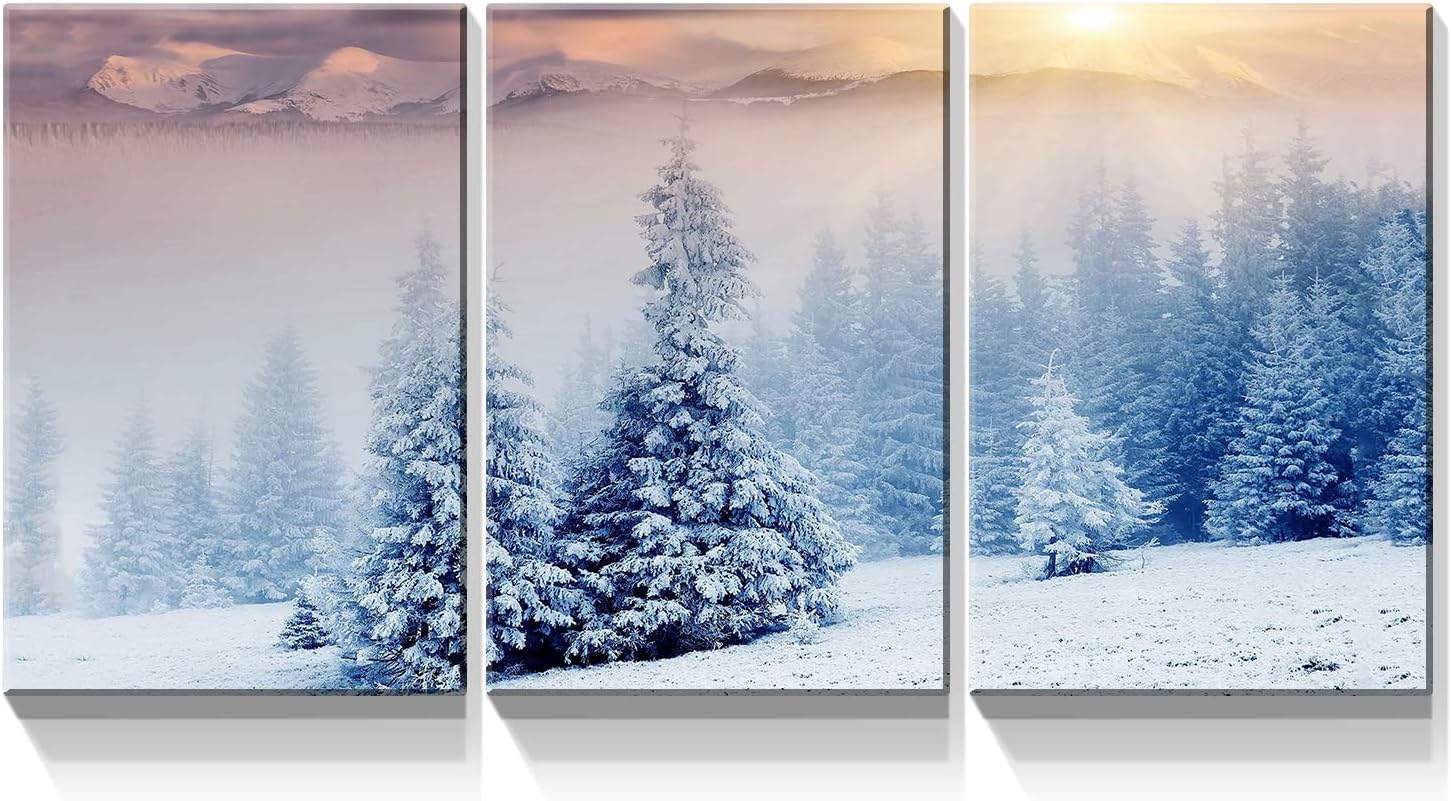 Denozer – Arte de pared en lienzo de 3 paneles para decoración de pared de sala de estar – Paisaje de invierno cubierto de nieve montañas árboles en
