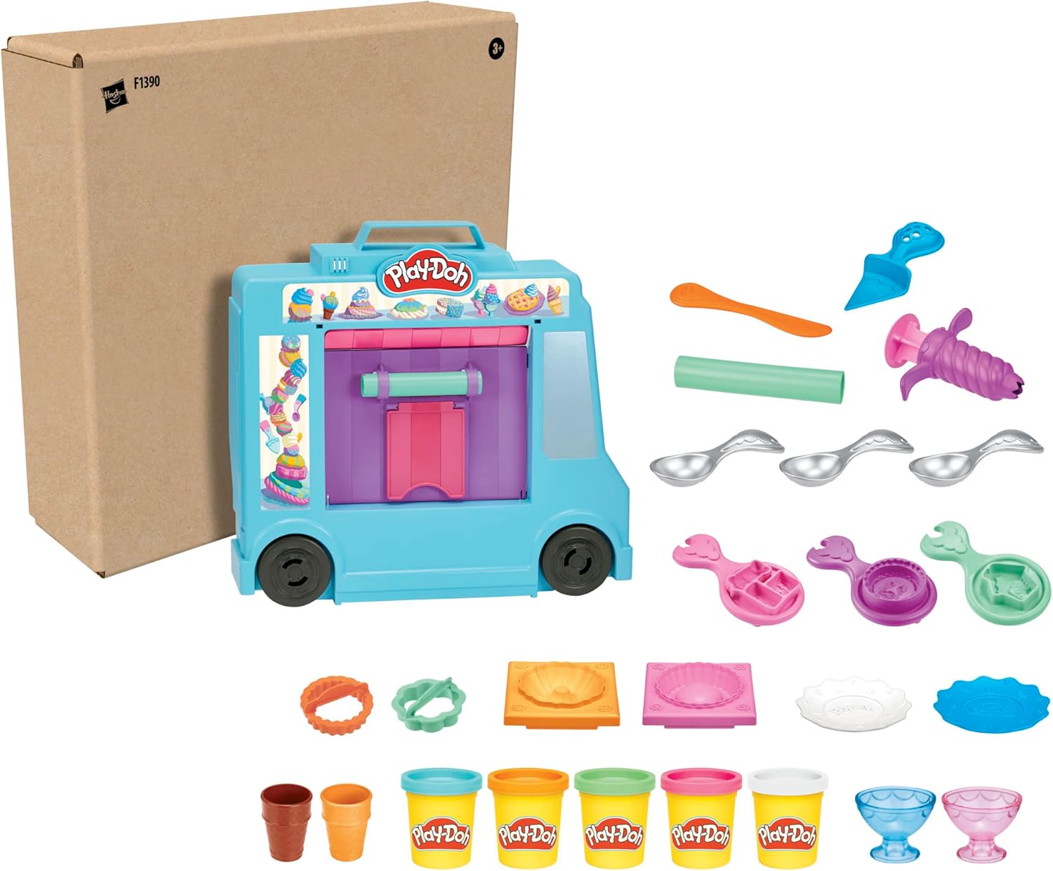 Play-Doh Kitchen Creations – Juego de camión de helado para niños, 20 accesorios de cocina, 5 colores, juguetes preescolares para niñas y niños de 3