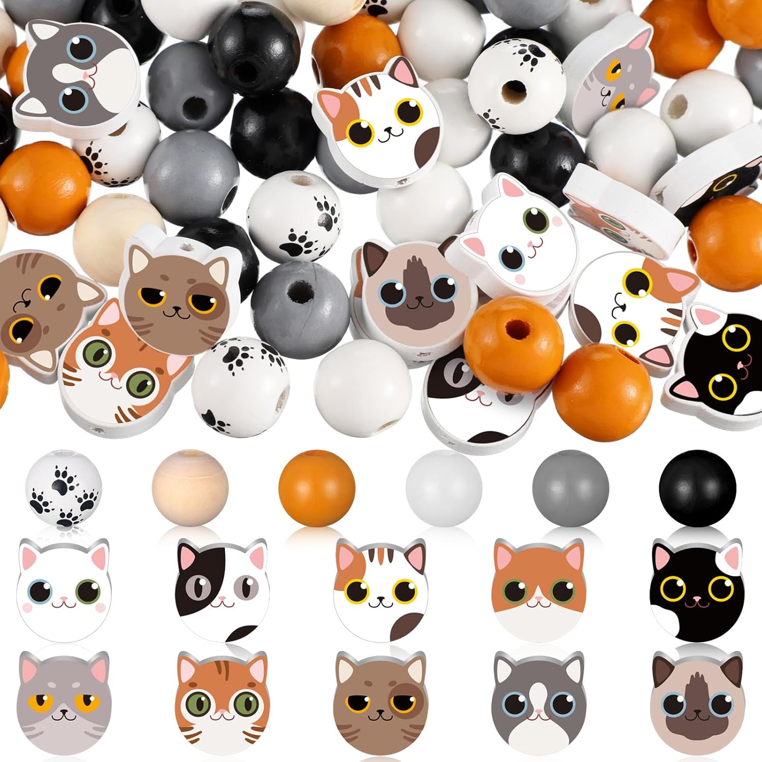 200 cuentas de madera con estampado de gato de 0.630 in, cuentas redondas de madera naturales hechas a mano, cuentas espaciadoras pulidas para hacer