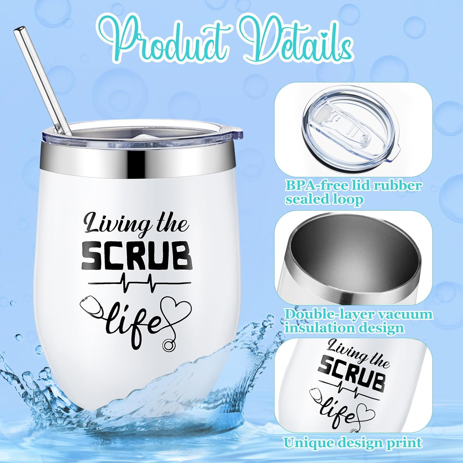 Zubebe 8 vasos para enfermeras con tapa con pajilla, taza de café de enfermería de acero inoxidable, botella de agua para enfermera, divertido