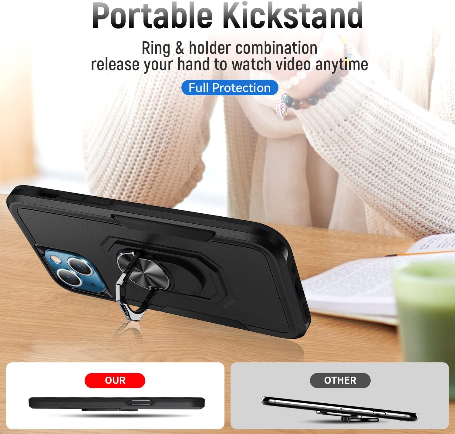 Funda para iPhone 13 Mini 5G con soporte de anillo giratorio de 360 integrado, funda magnética a prueba de golpes para iPhone 13 Mini 5G – (negro)