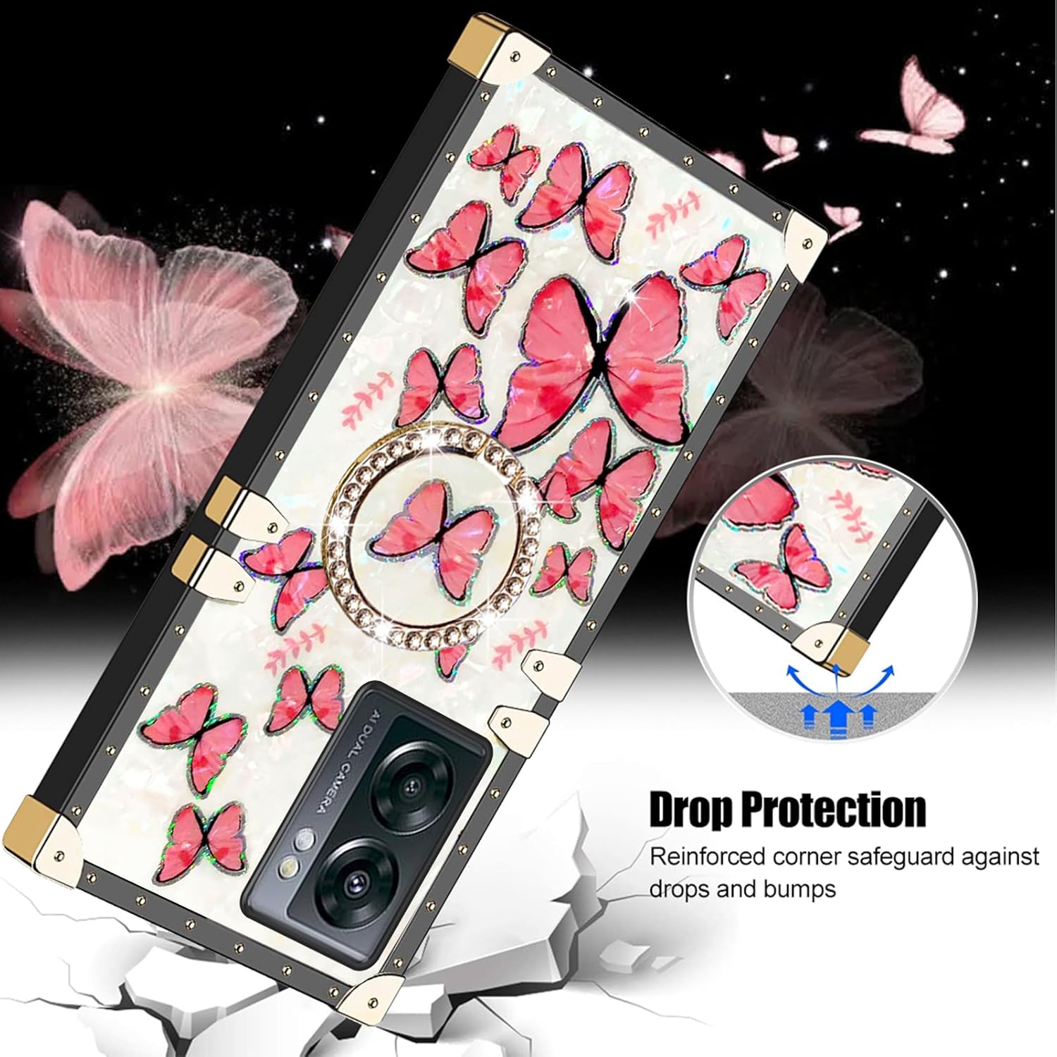Funda para teléfono N300, funda para OnePlus Nord N300 5G para mujer, bonita funda protectora cuadrada con purpurina femenina elegante retro choque