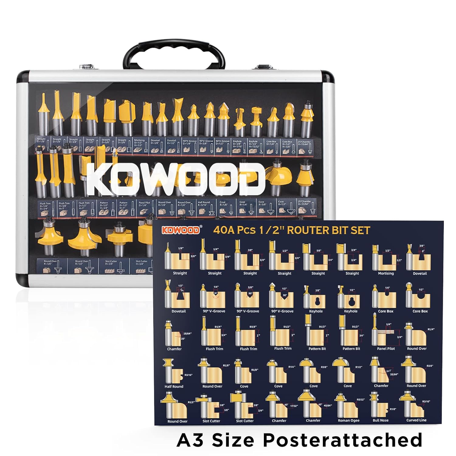 KOWOOD Juego de 40 brocas para enrutador, vástago de 12 pulgada, kit de brocas para enrutador experto 40A.