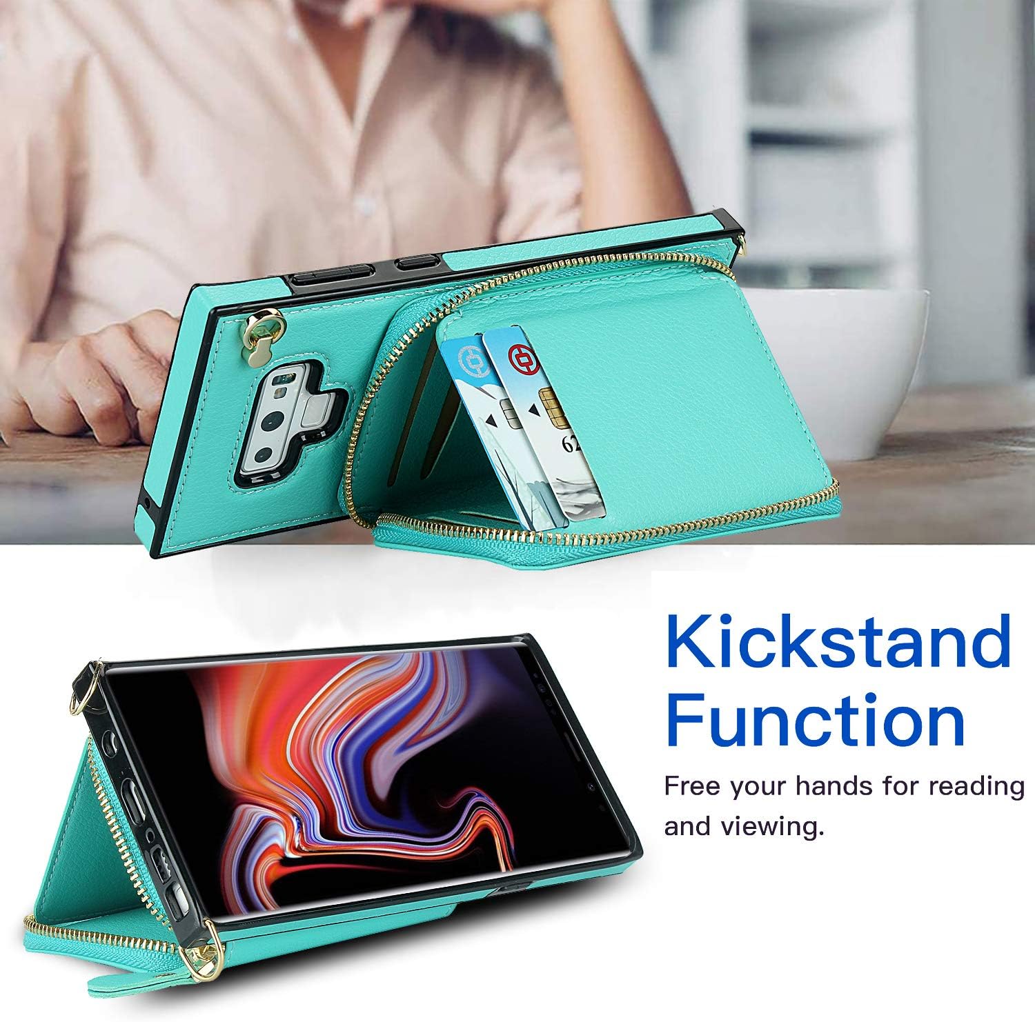 Asuwish Funda de teléfono para Samsung Galaxy Note 9 con protector de pantalla de vidrio templado y soporte para tarjetas con cremallera, soporte de