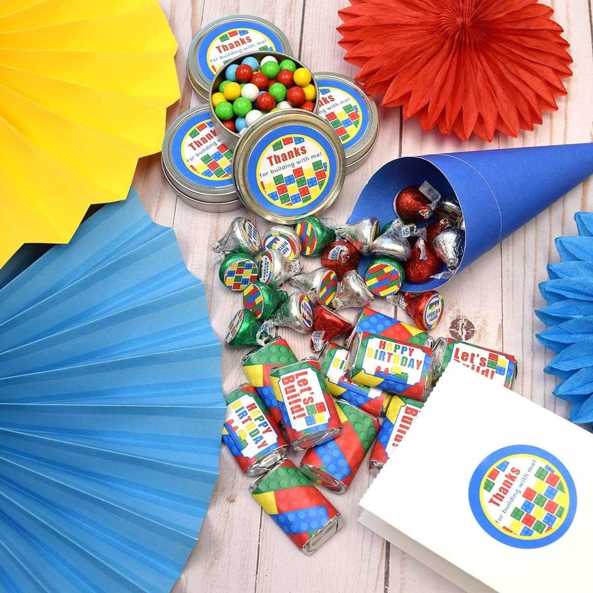 Kit de calcomanías para fiesta de cumpleaños de bloques de construcción y ladrillos, 429 piezas. Incluye 60 calcomanías circulares de 2 pulgadas
