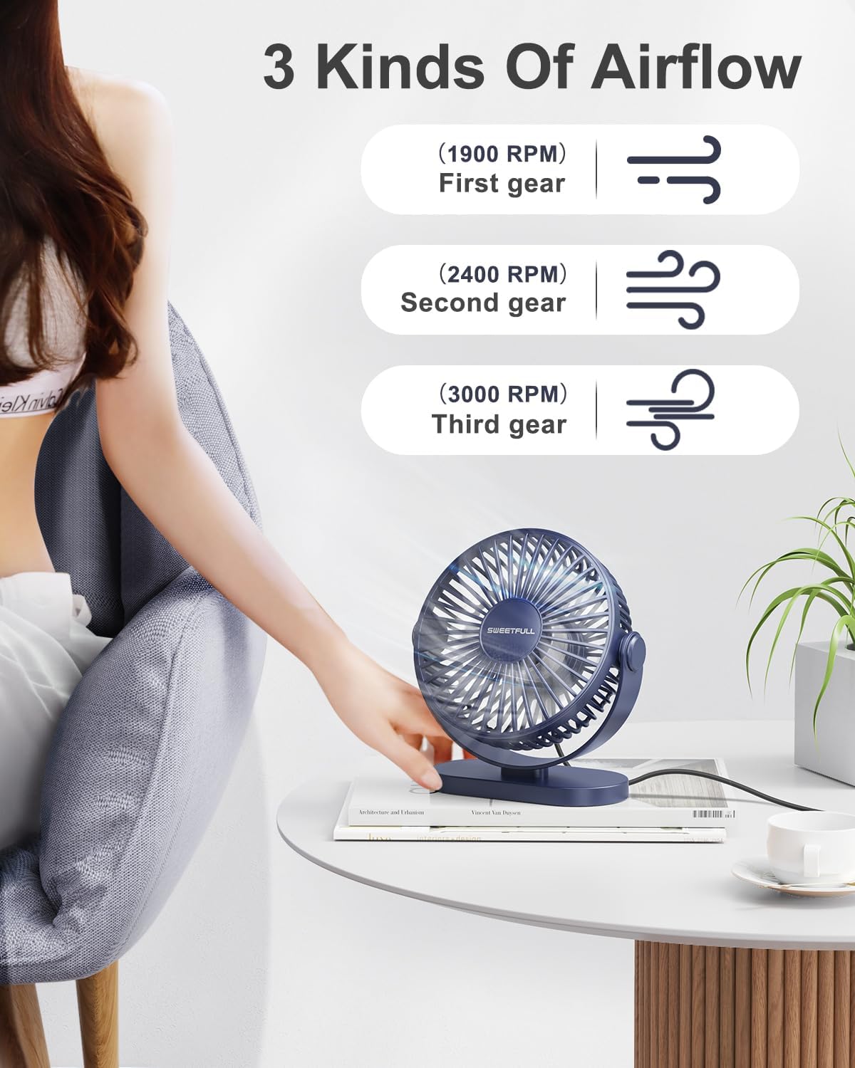 SWEETFULL Ventilador de escritorio USB pequeño silencioso  3 velocidades, mini ventilador portátil personal de rotación de 360 ajustable, accesorios