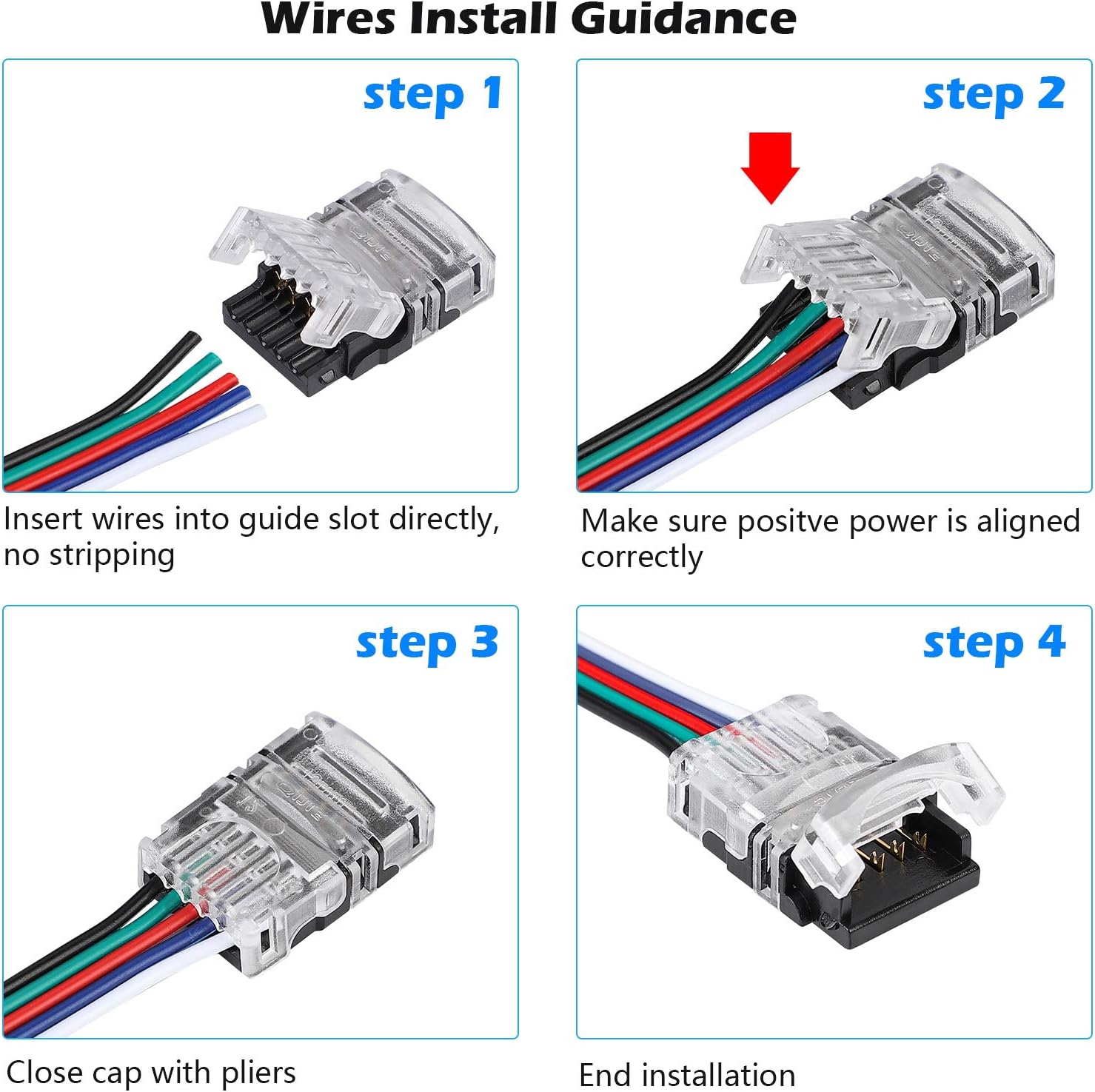 SUPERNIGHT Conectores LED de 5 pines, paquete de 8 para tiras de luces LED impermeables RGBW RGBWW 5050, conexión rápida de tira a cable sin