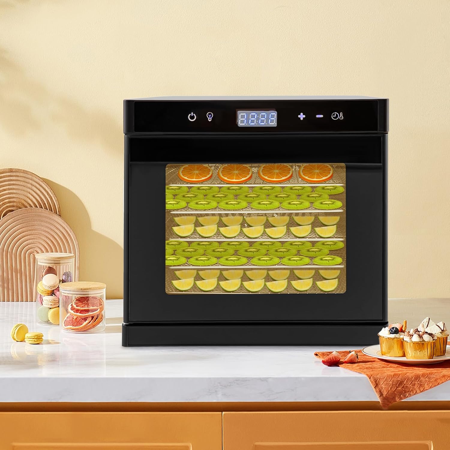 Máquina deshidratadora de alimentos para alimentos y cecina, temporizador digital ajustable de 24 horas, control de temperatura, capacidad de 6