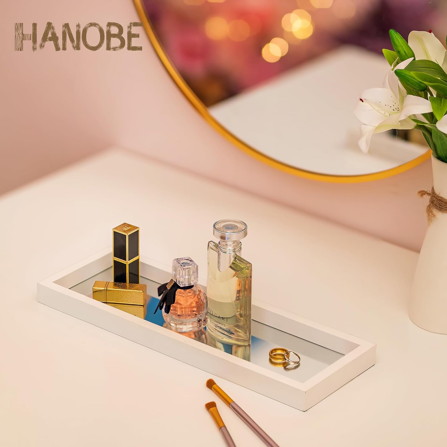 Hanobe Bandeja de perfume de tocador de baño Bandejas de espejo para mostrador de aparador, centro de mesa rectangular decorativo blanco, decoración