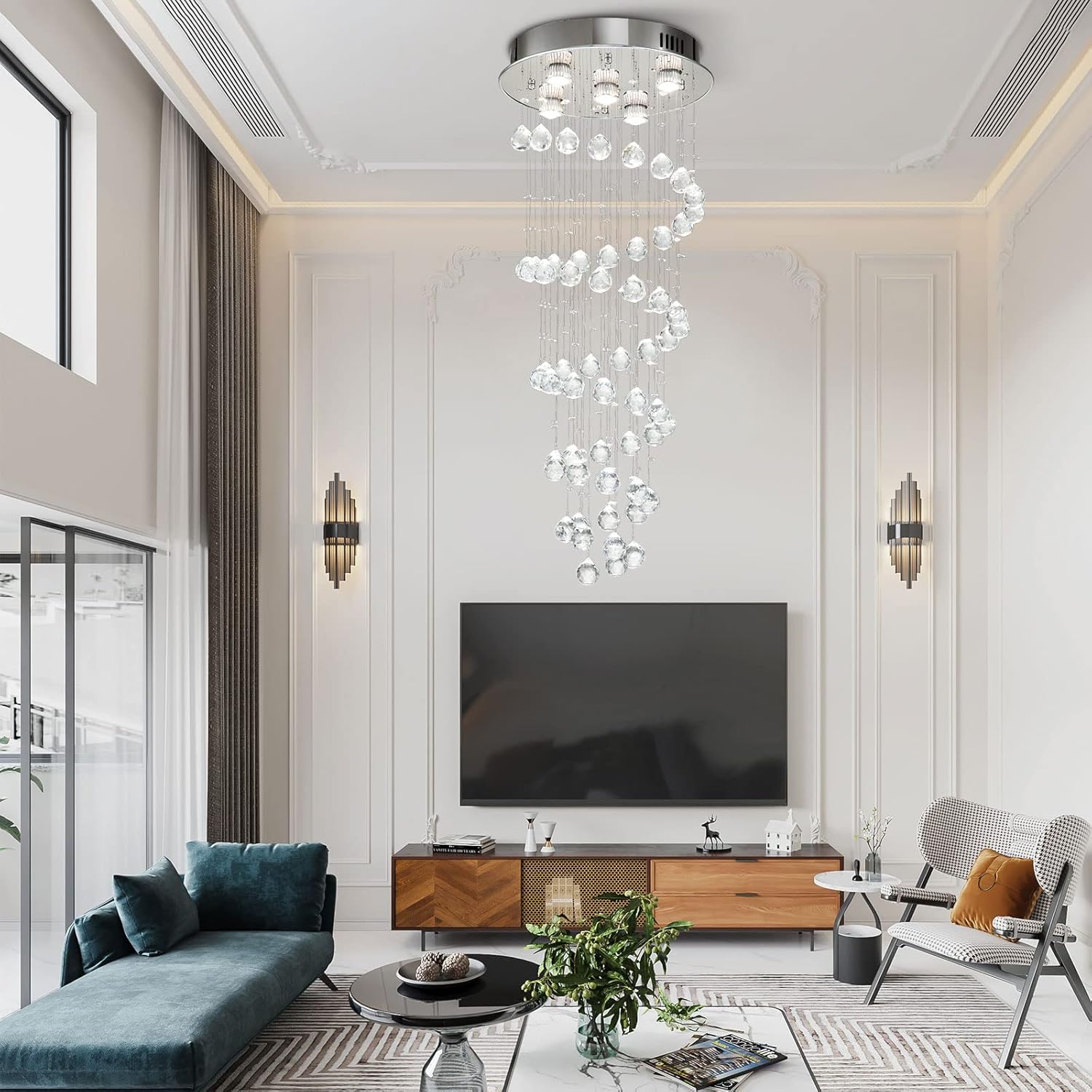 Lámpara colgante de techo LED de cristal moderna de 5 luces, lámpara de techo en espiral con forma de gota de lluvia, montaje empotrado, lámpara de