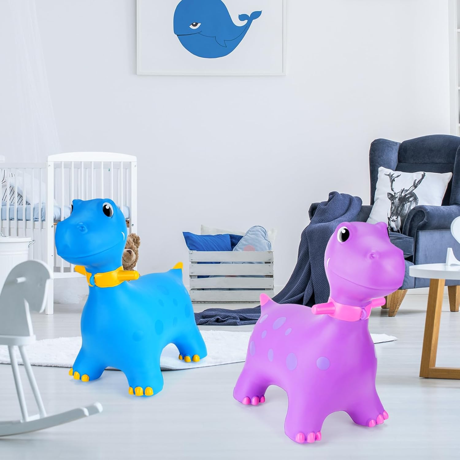 2 piezas de dinosaurios inflables de dinosaurio saltando con bomba de dinosaurio para montar en saltar juguetes para niños de 6 años o más, 2 colores