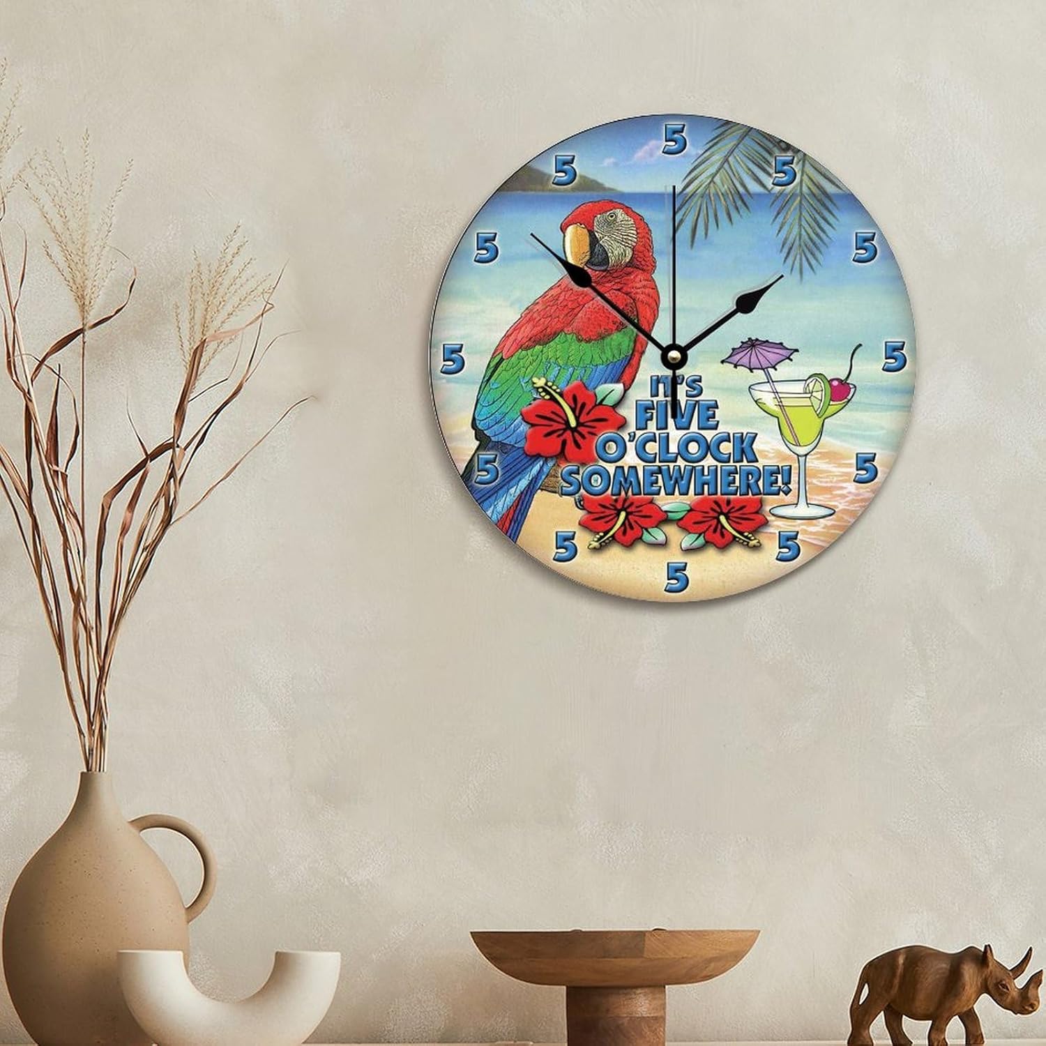 ArogGeld Reloj de pared Parrot Beach de 5 en algún lugar, reloj de pared de madera grande que funciona con pilas, 12 pulgadas, silencioso, sin