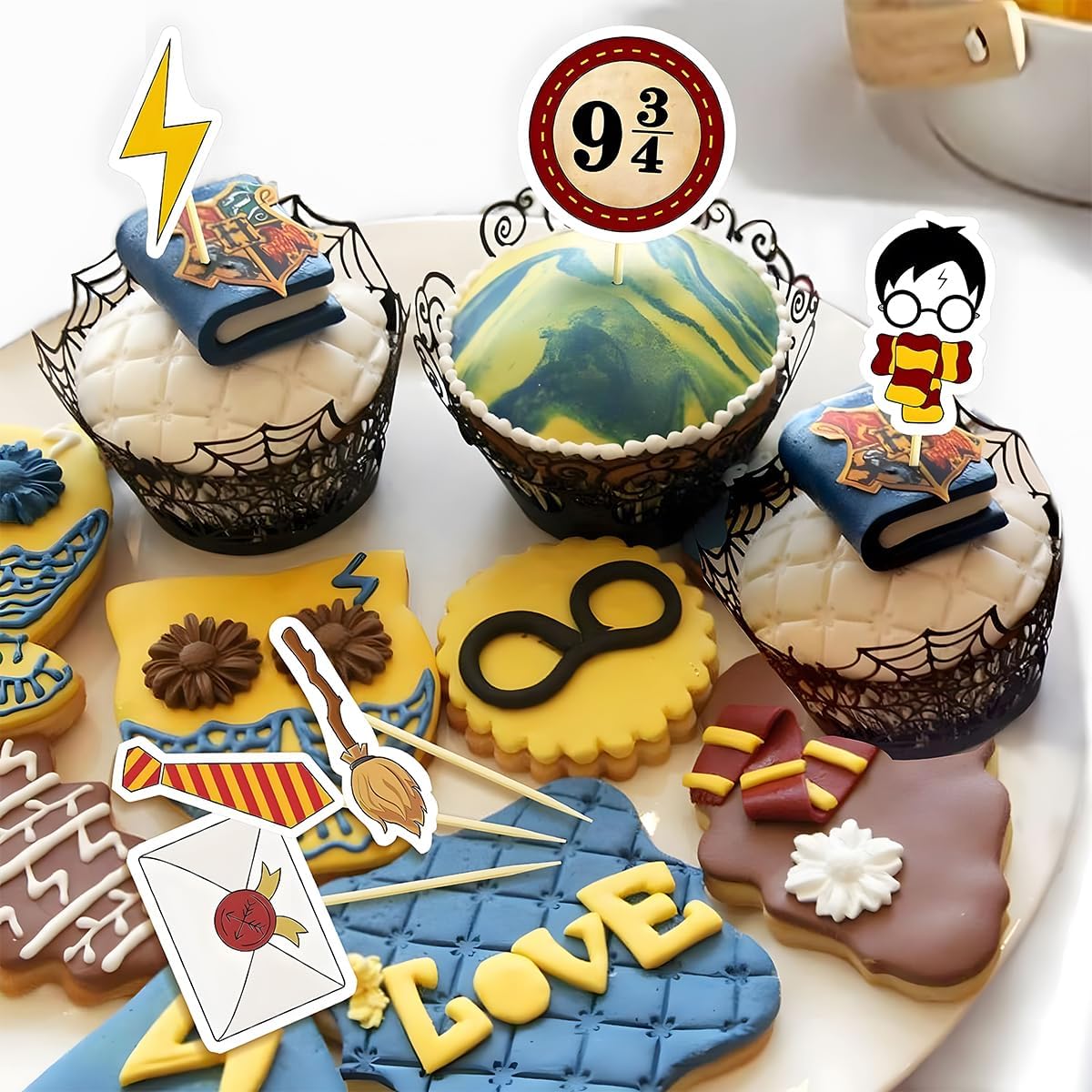 Decoración mágica para tartas de Harry para alfarero, mago escolar de mago escolar, decoración de cupcakes (48 unidades)
