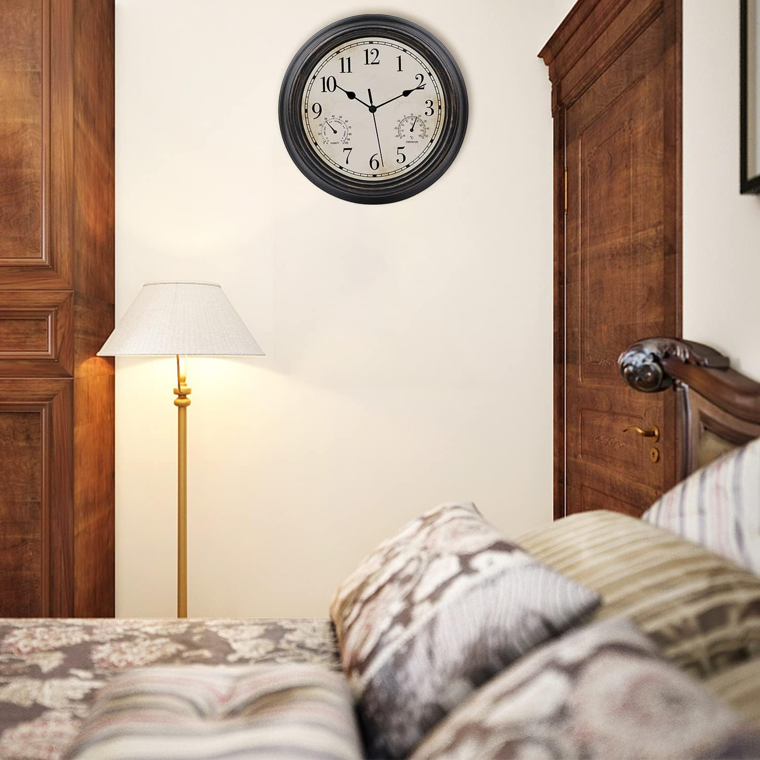 Reloj de pared retro impermeable de 12 pulgadas para interiores y exteriores, con termómetro e higrómetro, funciona con pilas, reloj de pared