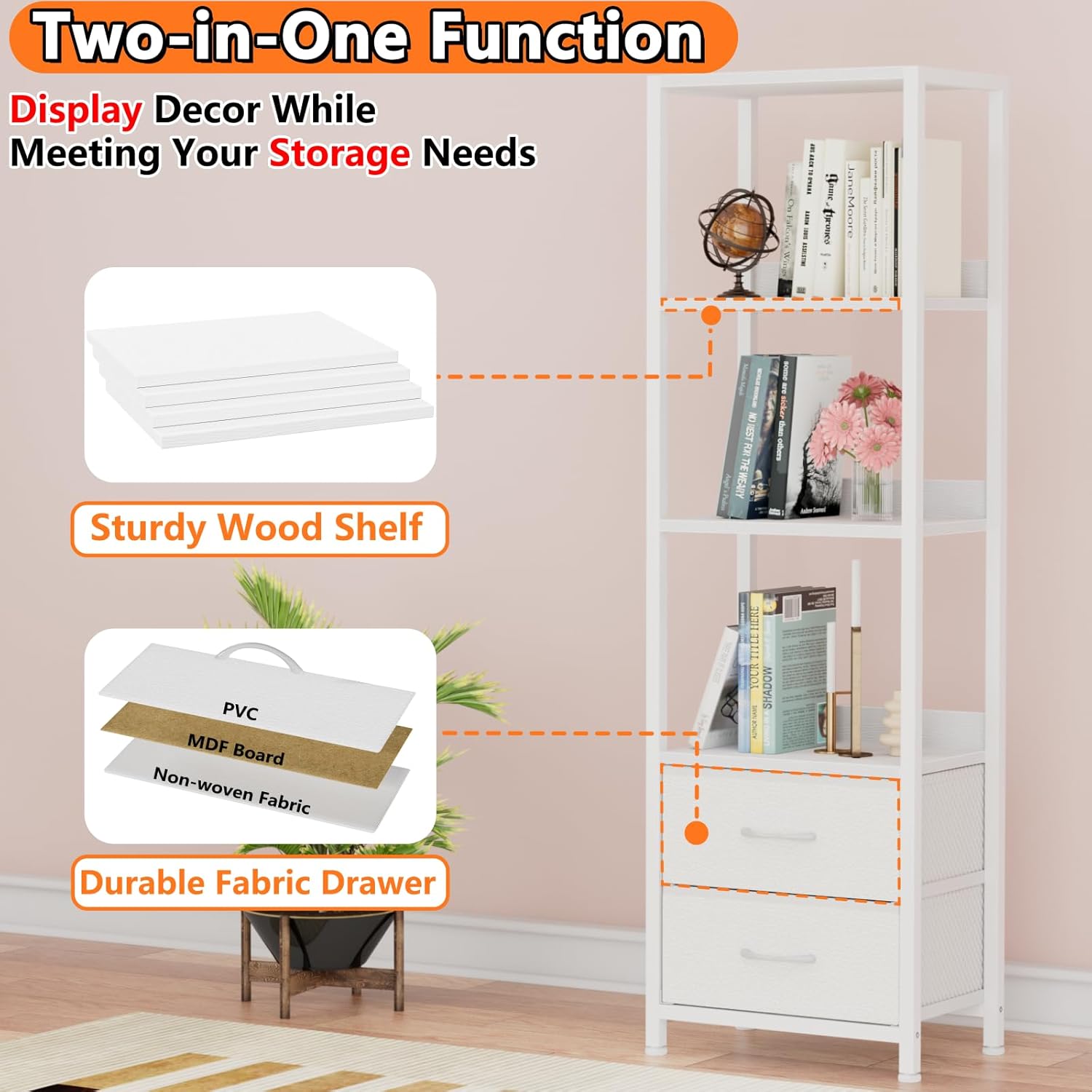 Furnulem Estante esquinero de 4 niveles, estantería con 2 cajones de almacenamiento, estantería estrecha de 57.28 pulgadas de alto, unidad