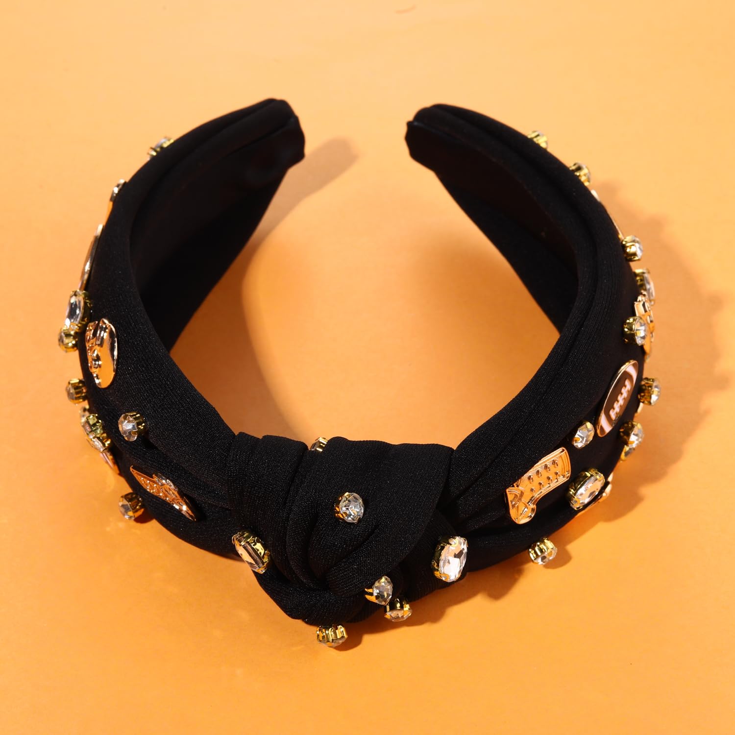 Diadema anudada de fútbol para mujer, deportiva con perlas blancas y diamantes de imitación, diadema divertida con nudo torcido, accesorios para el
