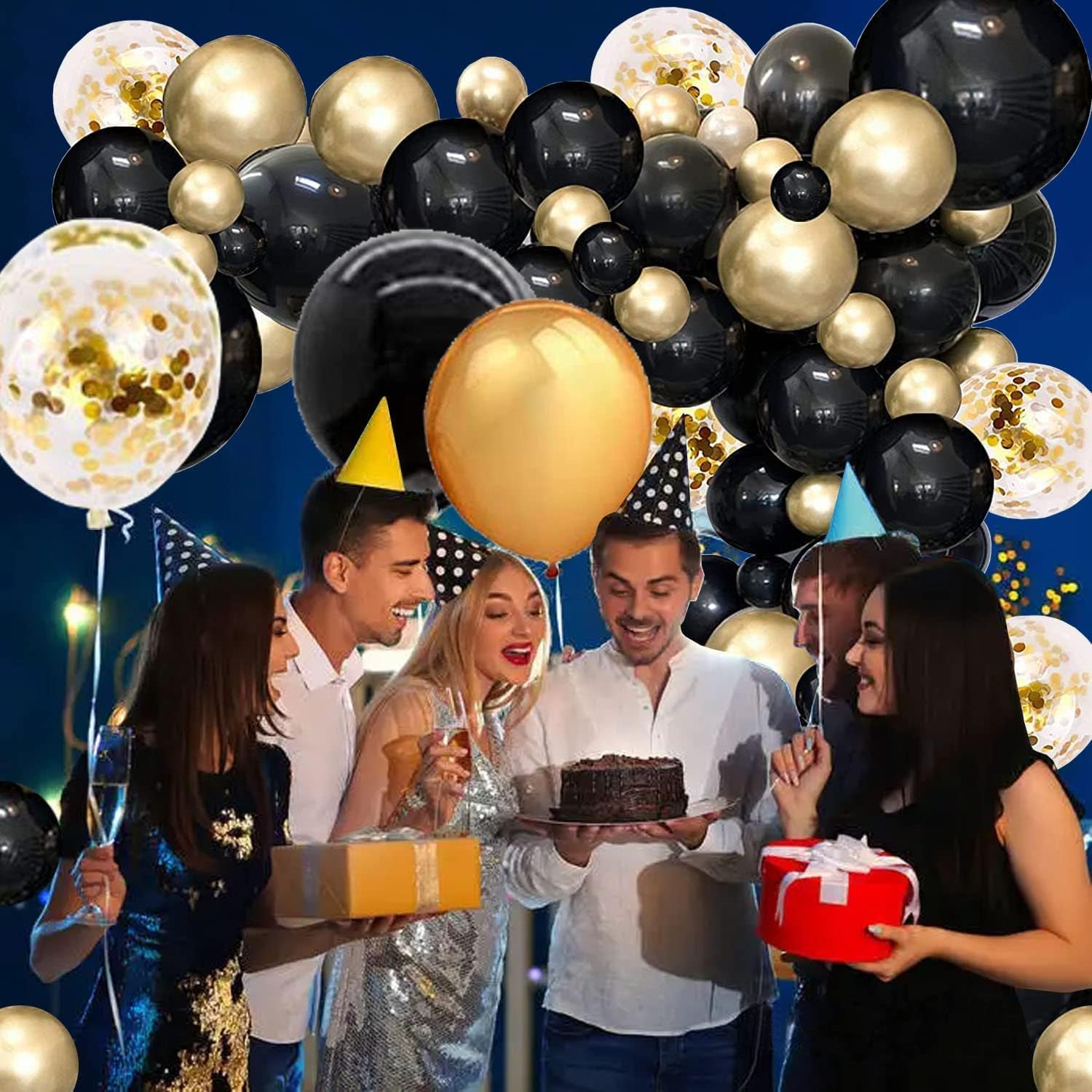 Decoraciones de Año Nuevo 2024, globos de confeti de oro negro, 52 globos de confeti dorado blanco y negro de 12 pulgadas con cintas doradas para