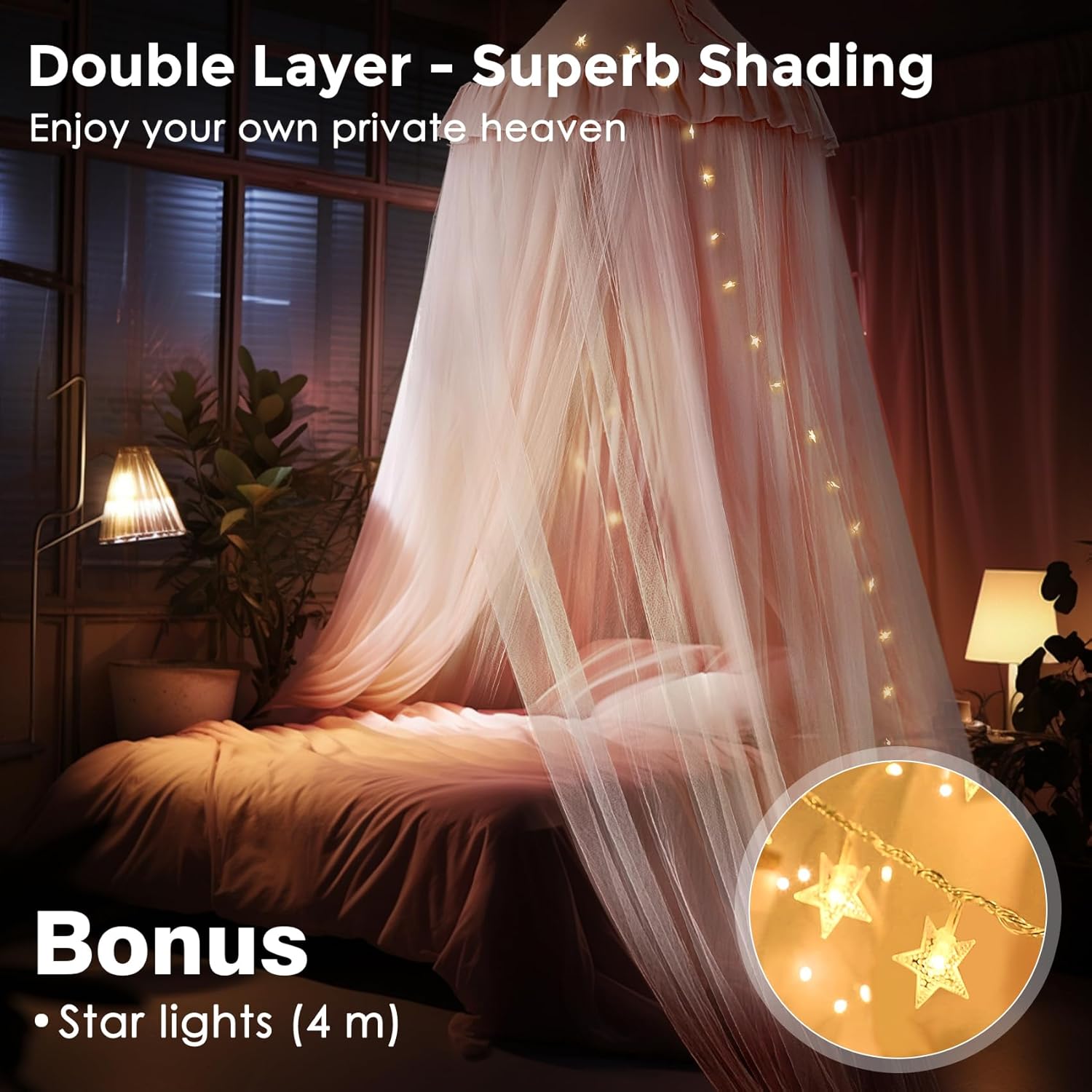 Toldo de cama grande con luces de estrellas, toldo de doble capa para cama, tienda de campaña de princesa para habitación de niñas, toldo