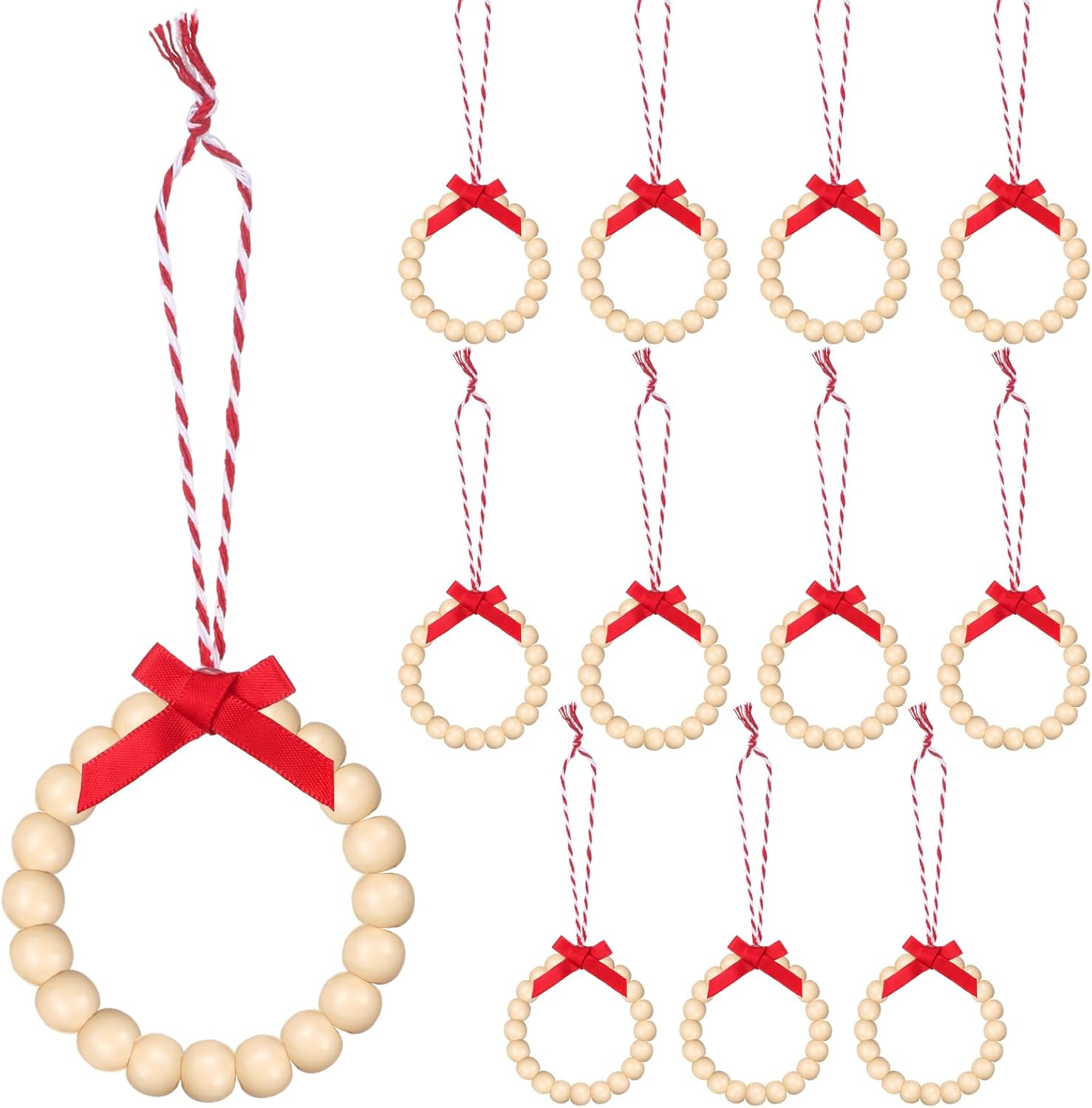 12 piezas de adornos redondos de madera para árbol de Navidad, adornos bohemios para árbol de Navidad, cuentas de madera con lazo para casa de