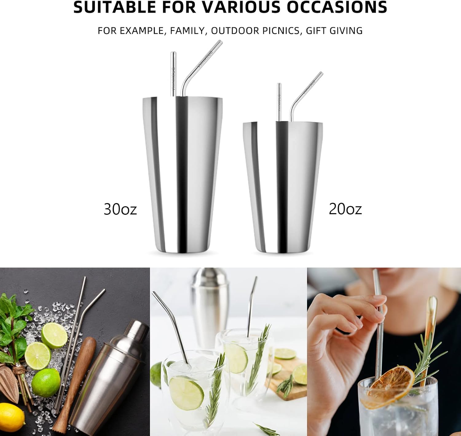 Paquete de 5 pajitas de metal de acero inoxidable reutilizables para cóctel con punta de silicona, popotes reutilizables para batidos, aptos para