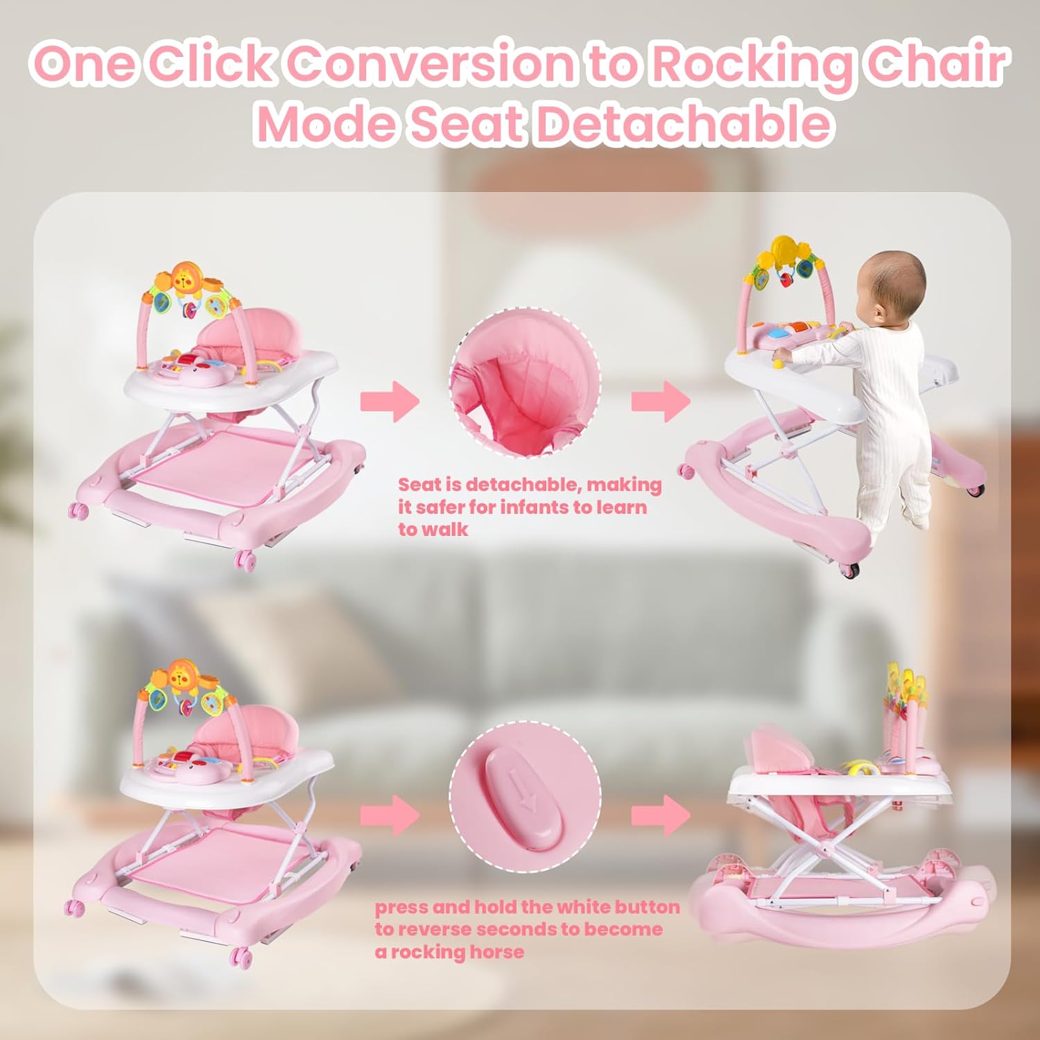 Boyro Baby Andador de bebé 5 en 1, andadores de bebé para niños y niñas de 6 a 12 meses, caminador de actividad plegable, andador infantil con