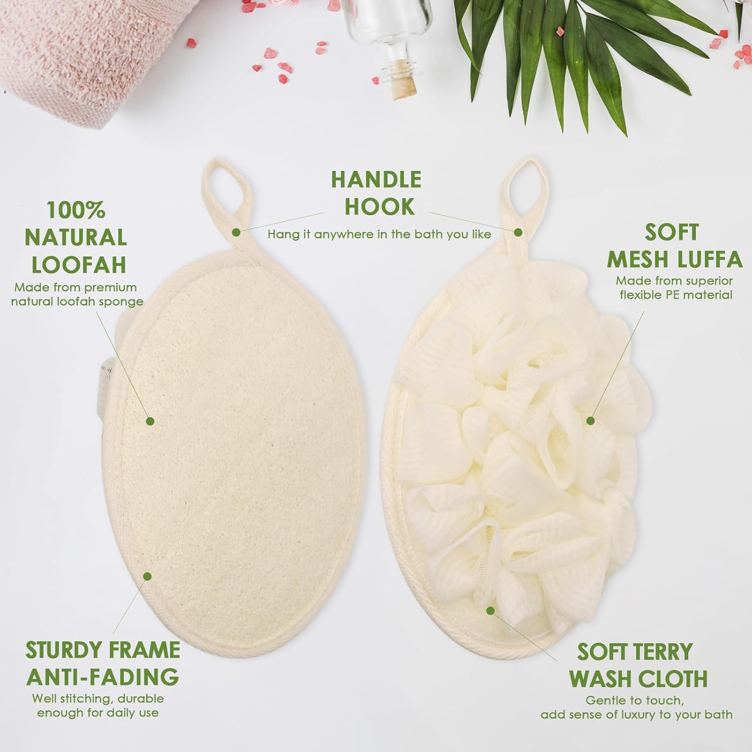 Esponja exfoliante corporal natural (paquete de 3), esponjas de baño ecológicas de doble cara, almohadillas de baño de 4 x 6 pulgadas, limpiador