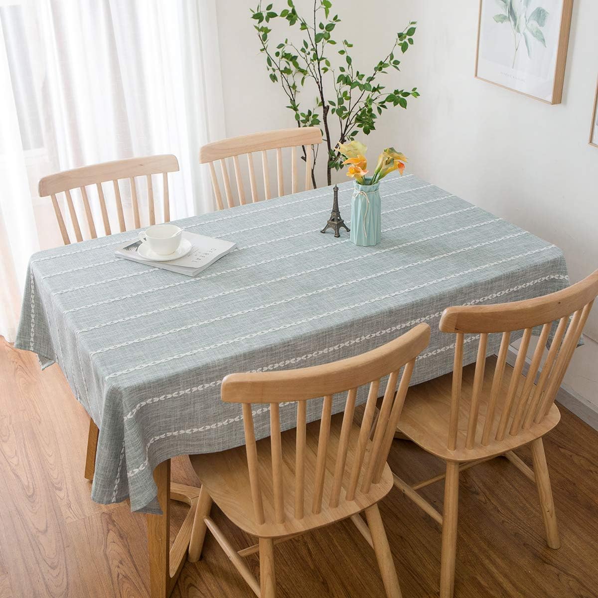 ENOVA HOME Mantel rectangular elegante de algodón y lino con borlas, a prueba de polvo, para decoración de mesa de cocina, comedor (azul claro) de