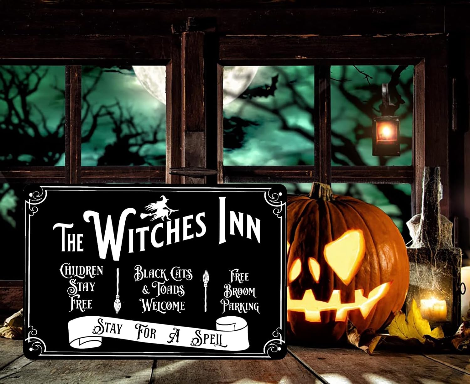 The Wicked Witch Inn Stay for a Spell – Letrero de metal, decoración de cocina de bruja, decoración de fiesta de Halloween, decoración de pared de