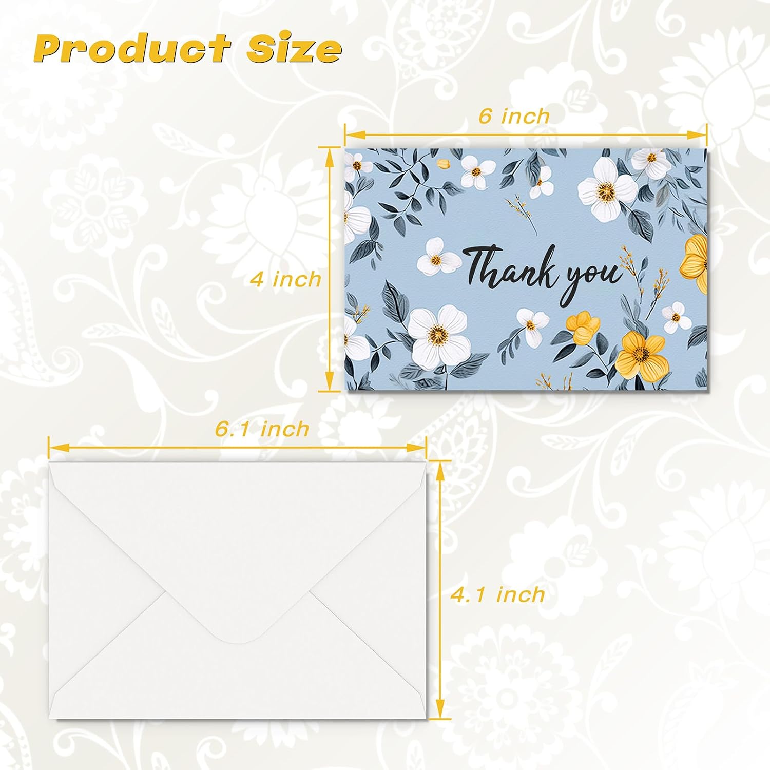 HISDEAR Tarjetas de agradecimiento con sobres y calcomanías, 100 piezas de diseño floral pintado para bodas, baby shower, negocios, despedidas de