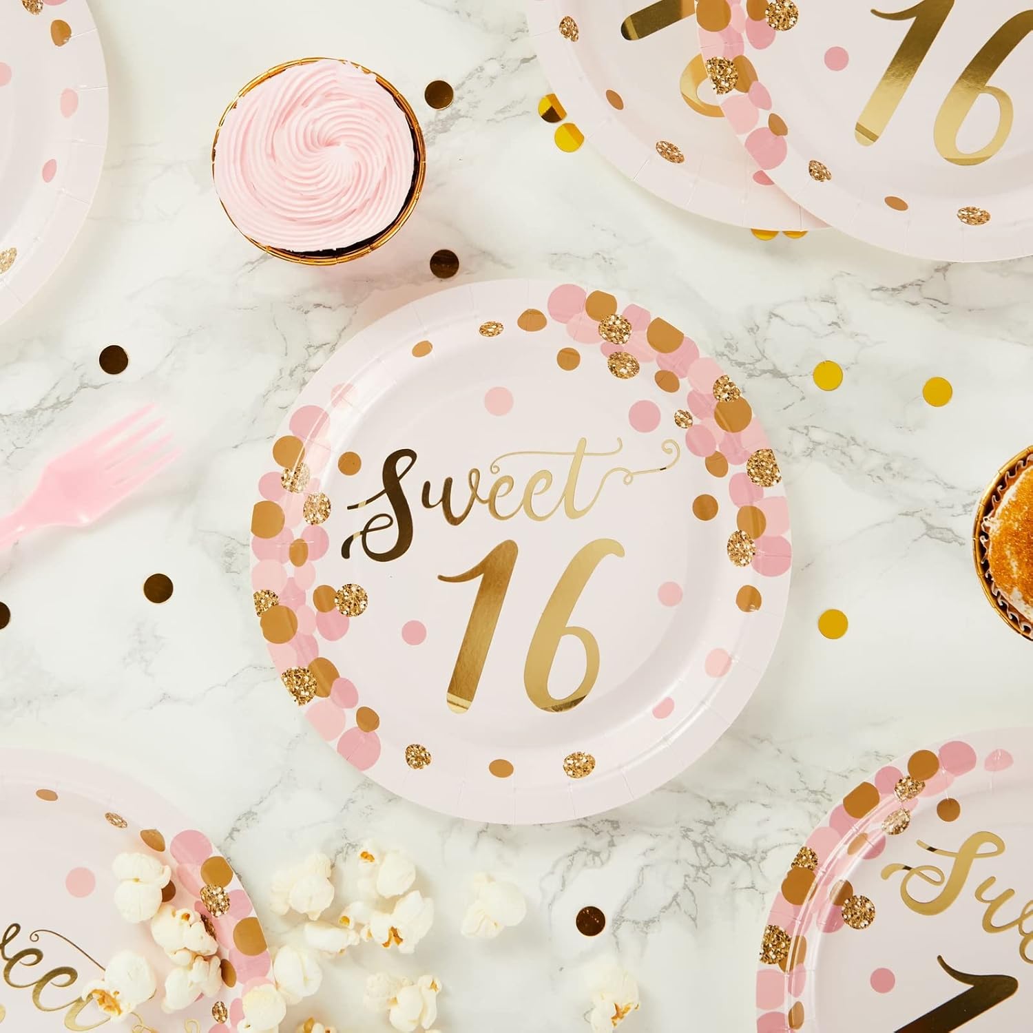 Paquete de 48 platos de papel de fiesta Sweet 16, suministros de oro rosa para cumpleaños número 16 (7 pulgadas)